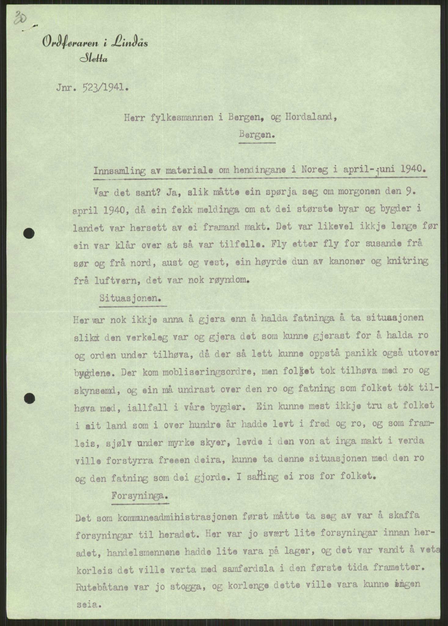 Forsvaret, Forsvarets krigshistoriske avdeling, AV/RA-RAFA-2017/Y/Ya/L0015: II-C-11-31 - Fylkesmenn.  Rapporter om krigsbegivenhetene 1940., 1940, p. 374