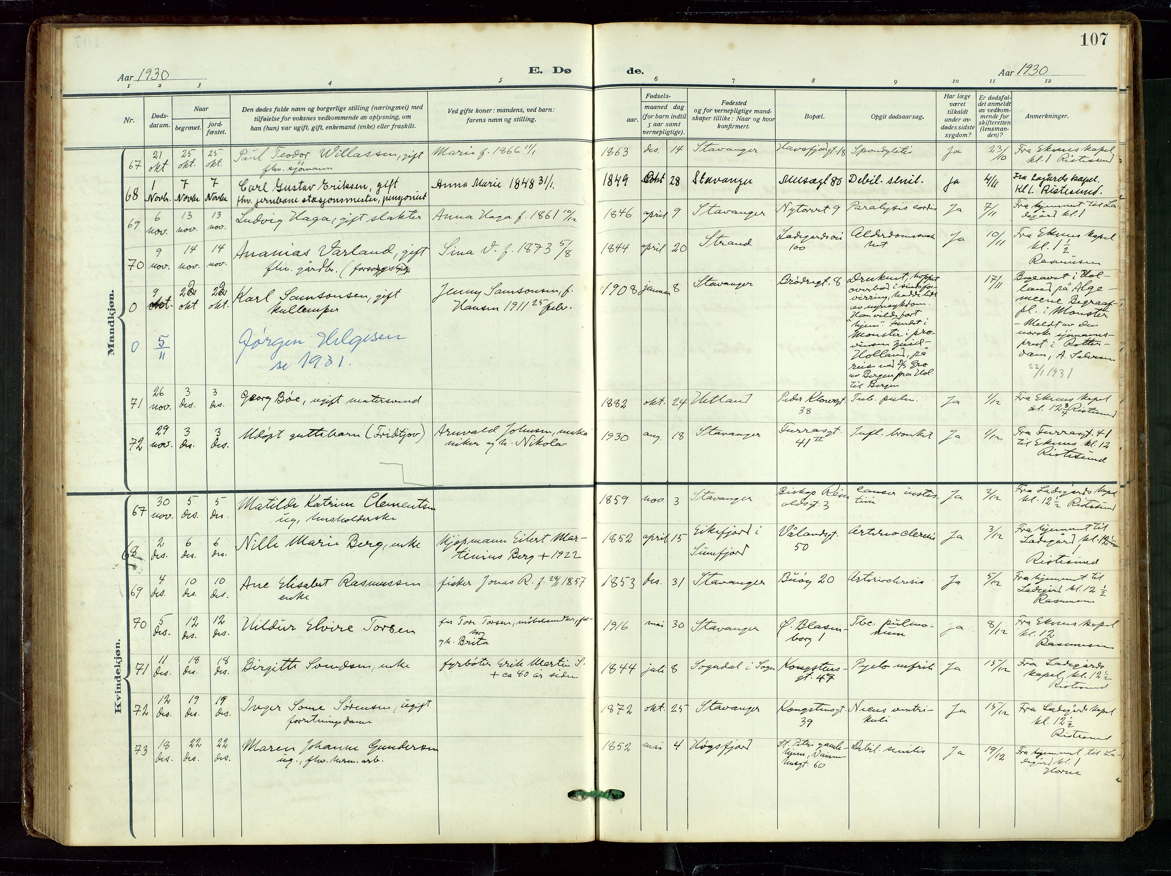 St. Petri sokneprestkontor, AV/SAST-A-101813/002/D/L0003: Parish register (official) no. A 28, 1919-1938, p. 107