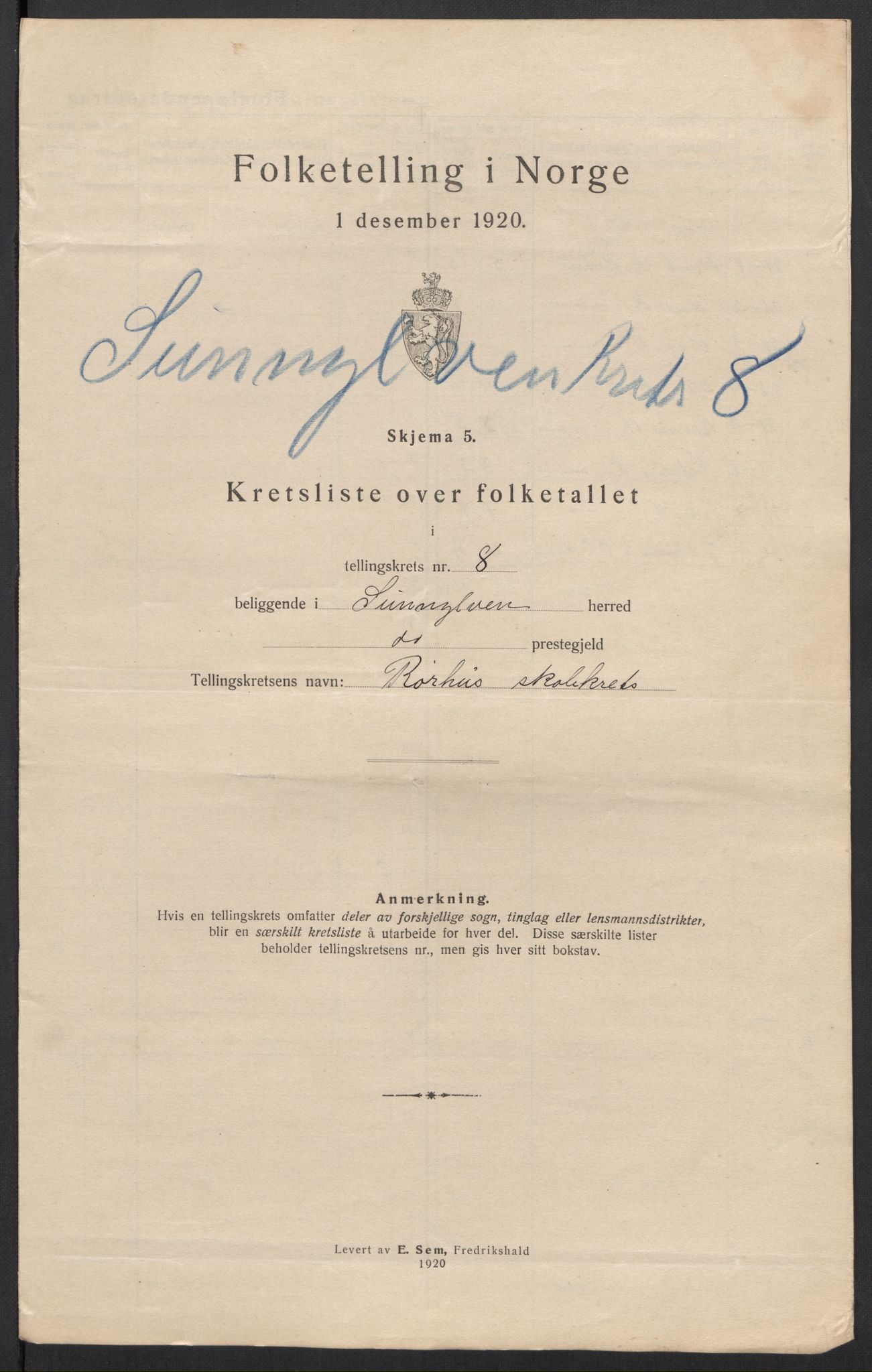 SAT, 1920 census for Sunnylven, 1920, p. 38