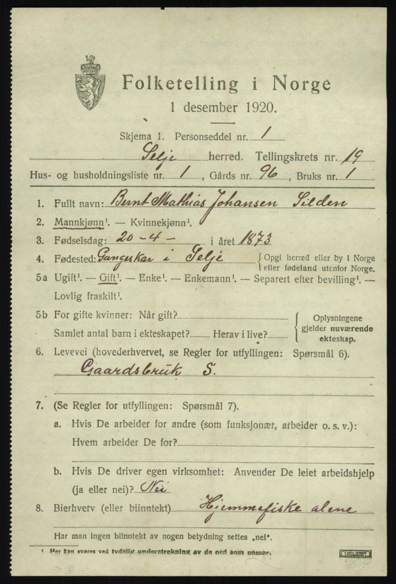 SAB, 1920 census for Selje, 1920, p. 8287