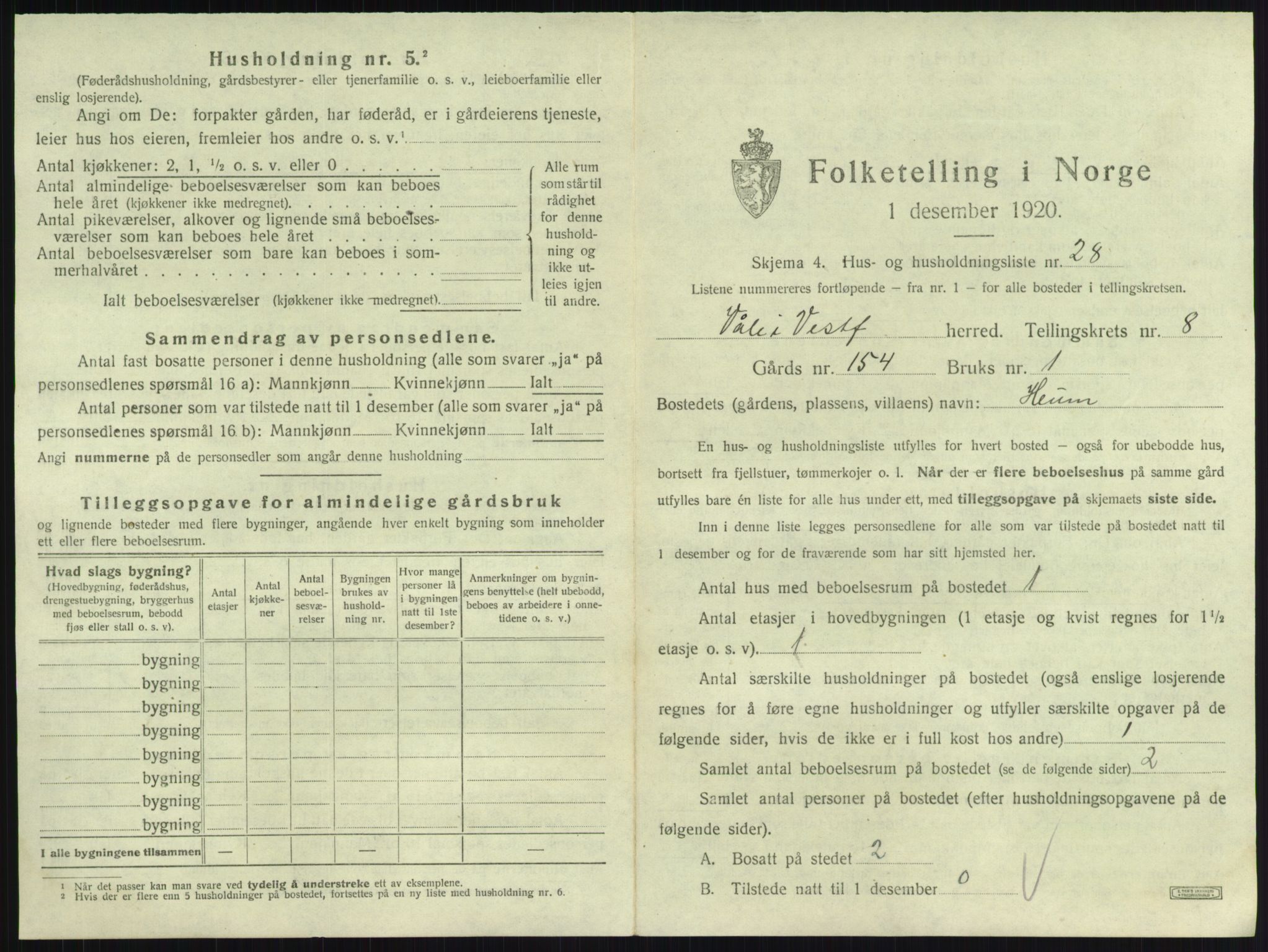 SAKO, 1920 census for Våle, 1920, p. 1028