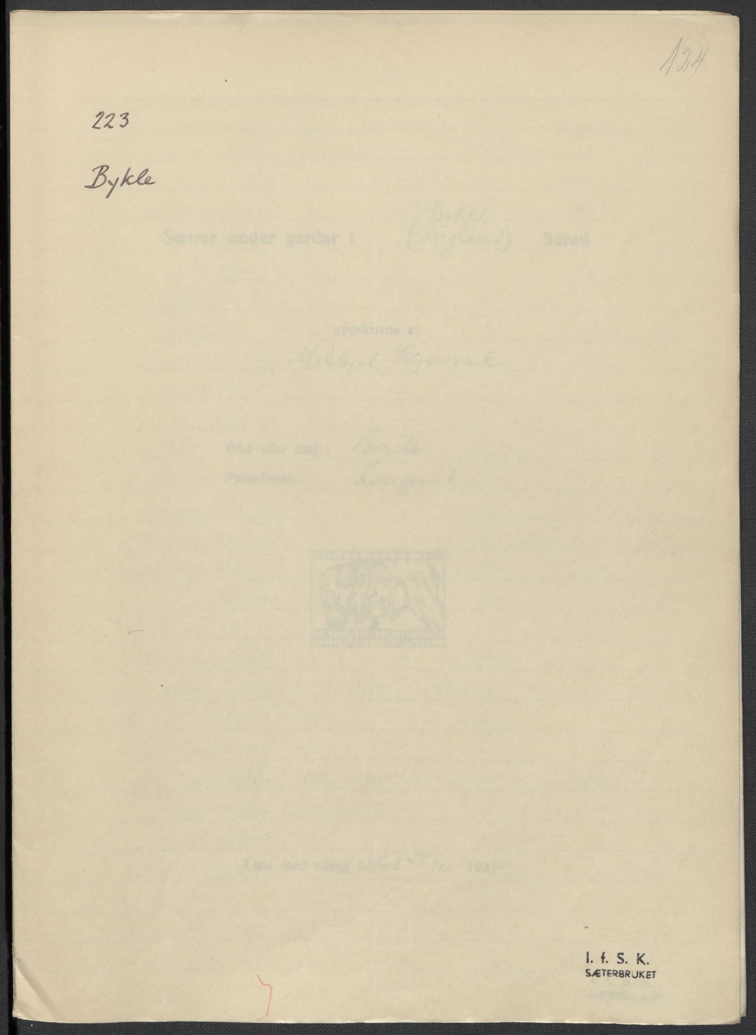 Instituttet for sammenlignende kulturforskning, AV/RA-PA-0424/F/Fc/L0008/0002: Eske B8: / Aust-Agder (perm XX), 1932-1936, p. 124