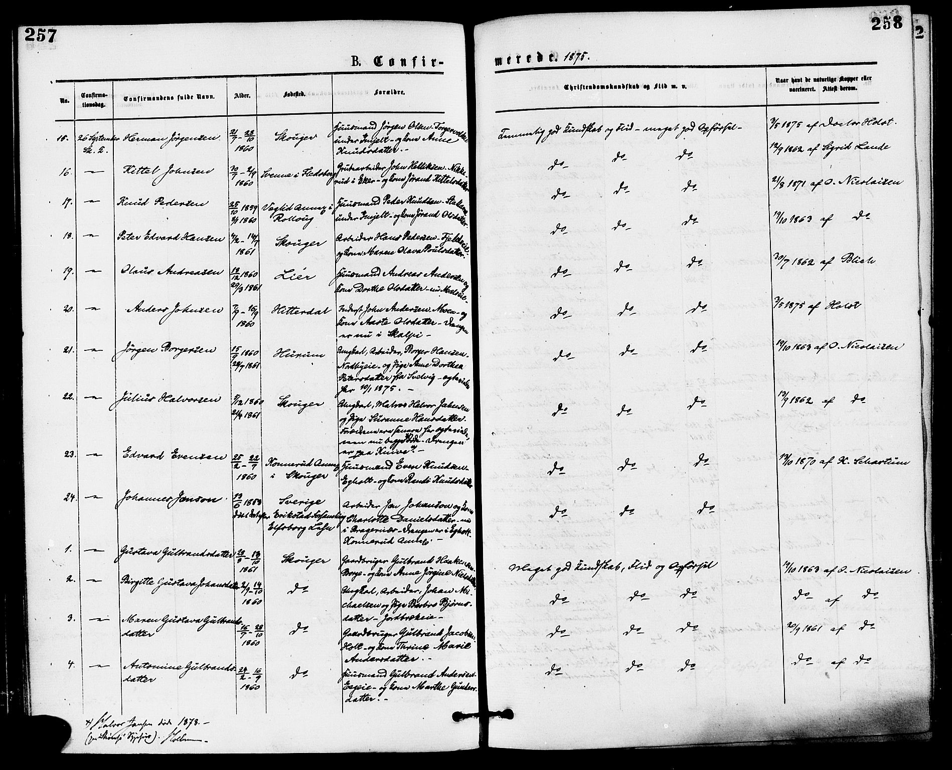 Skoger kirkebøker, AV/SAKO-A-59/F/Fa/L0005: Parish register (official) no. I 5, 1873-1884, p. 257-258