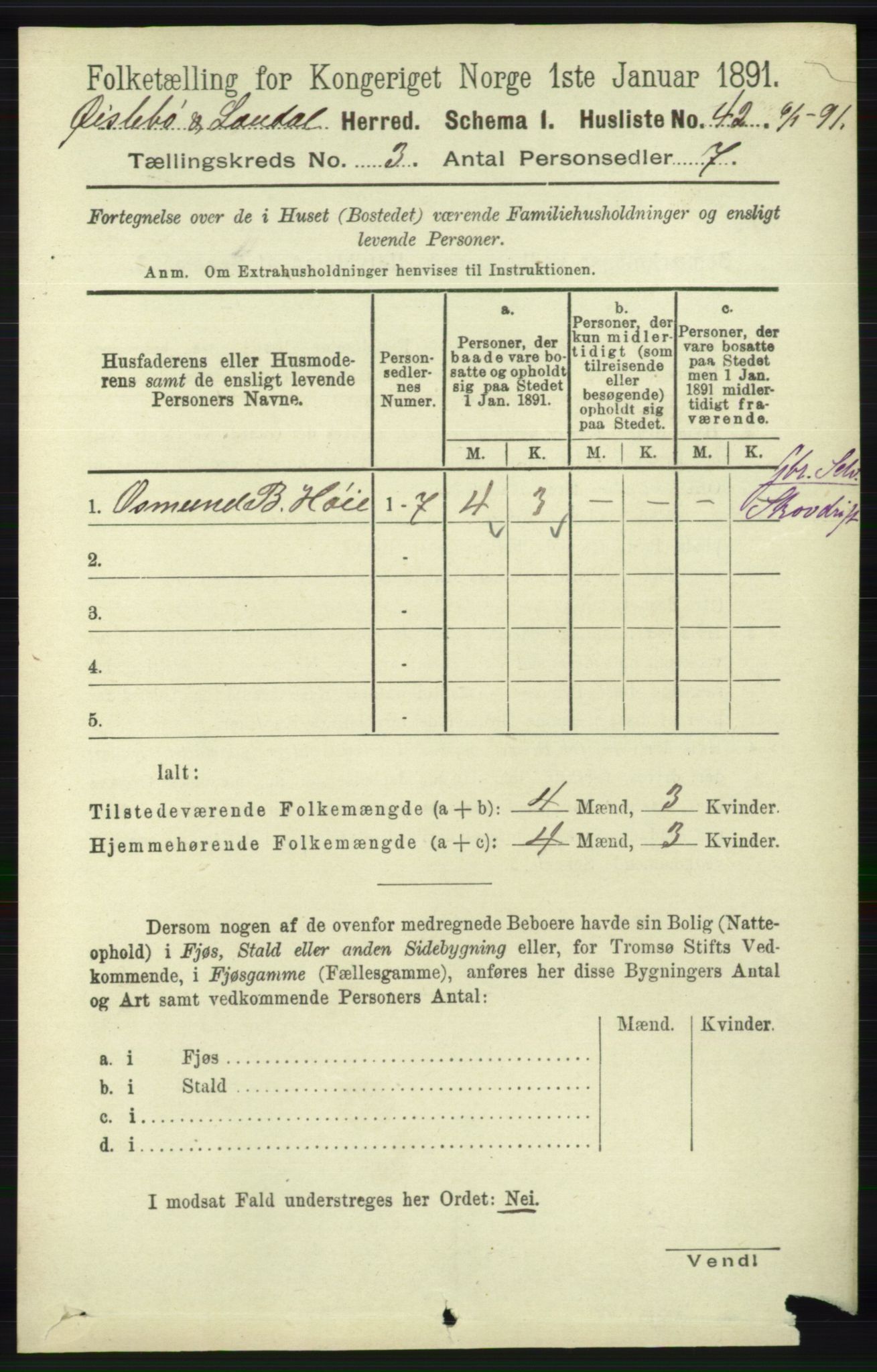 RA, 1891 census for 1021 Øyslebø og Laudal, 1891, p. 739