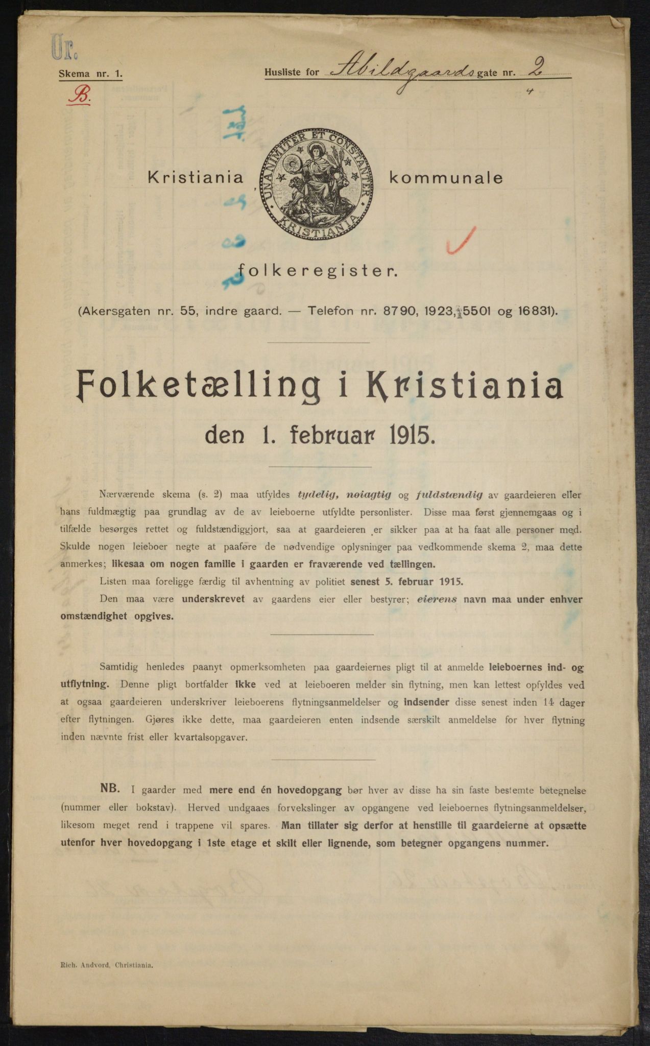 OBA, Municipal Census 1915 for Kristiania, 1915, p. 2