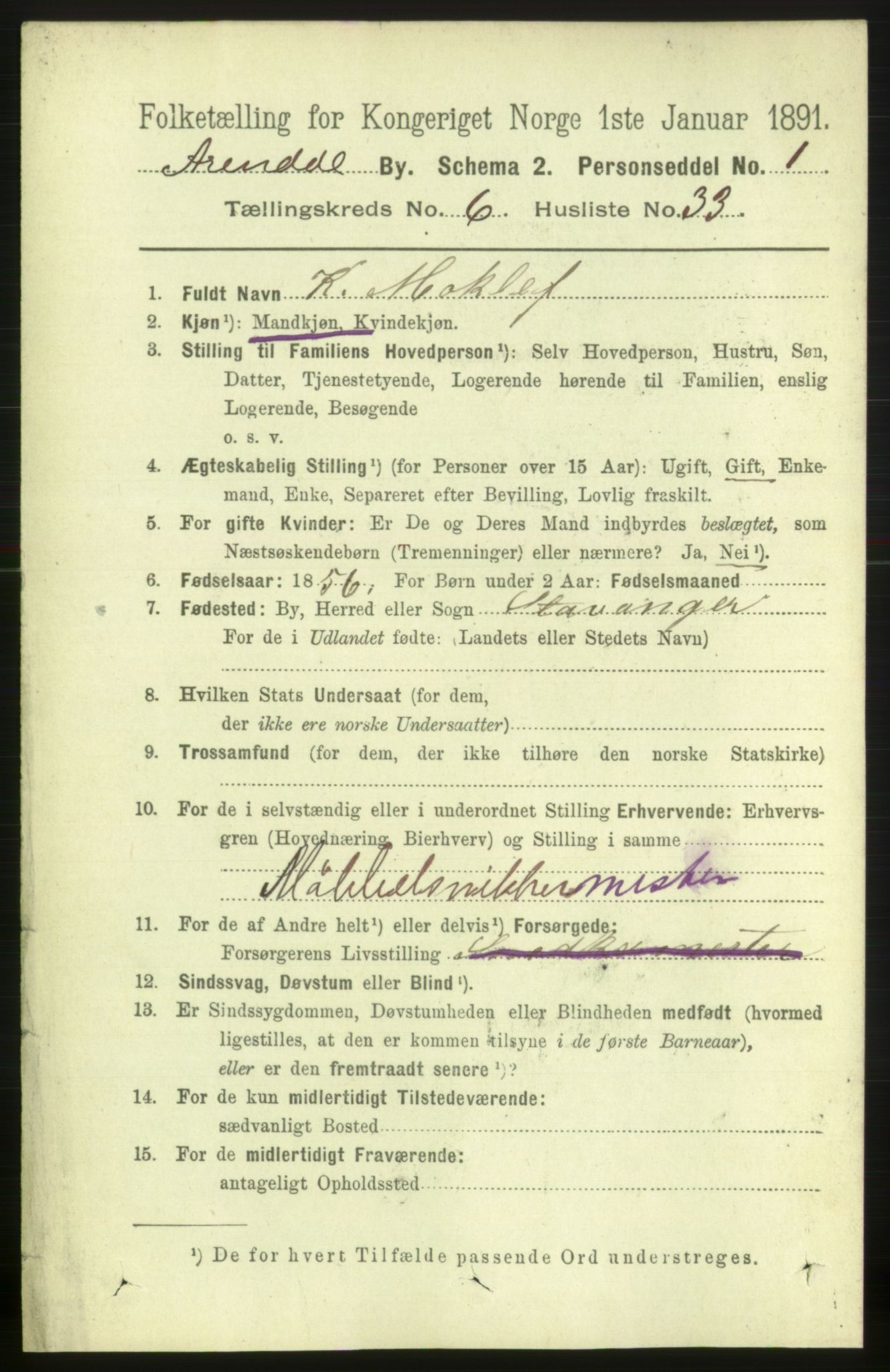 RA, 1891 census for 0903 Arendal, 1891, p. 2516