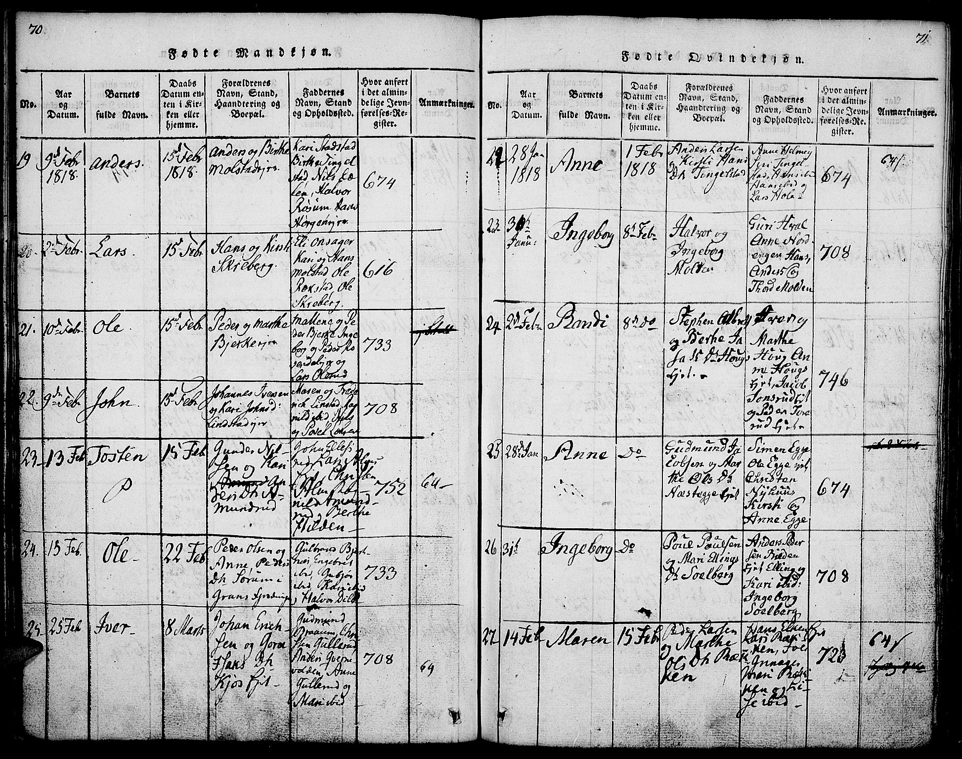 Gran prestekontor, AV/SAH-PREST-112/H/Ha/Haa/L0009: Parish register (official) no. 9, 1815-1824, p. 70-71