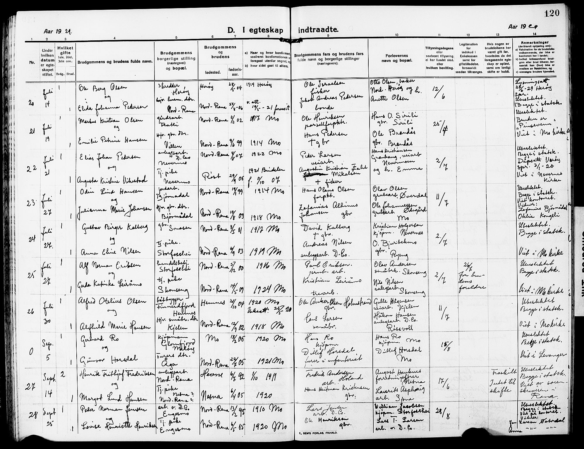 Ministerialprotokoller, klokkerbøker og fødselsregistre - Nordland, AV/SAT-A-1459/827/L0424: Parish register (copy) no. 827C13, 1921-1930, p. 120