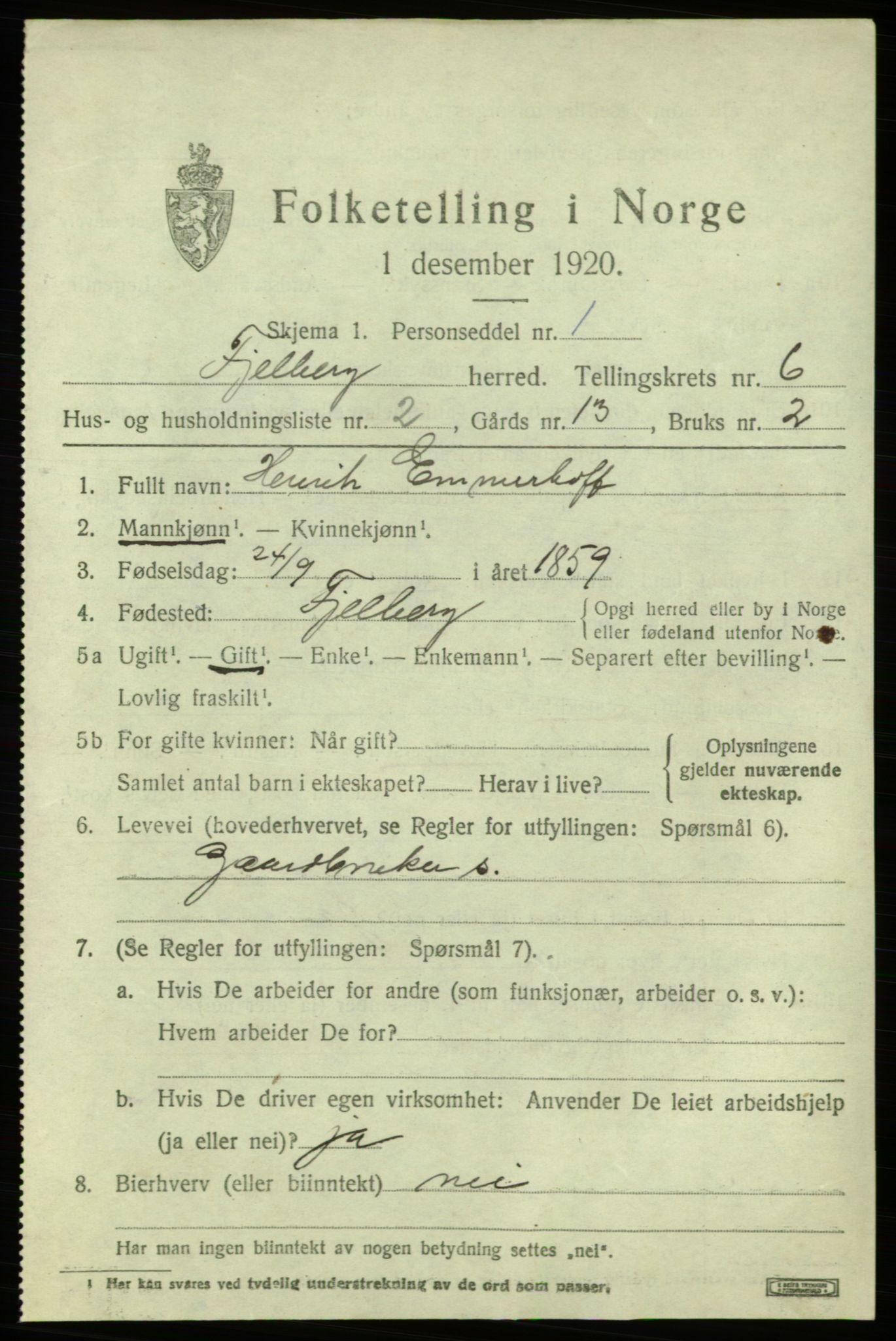 SAB, 1920 census for Fjelberg, 1920, p. 2193