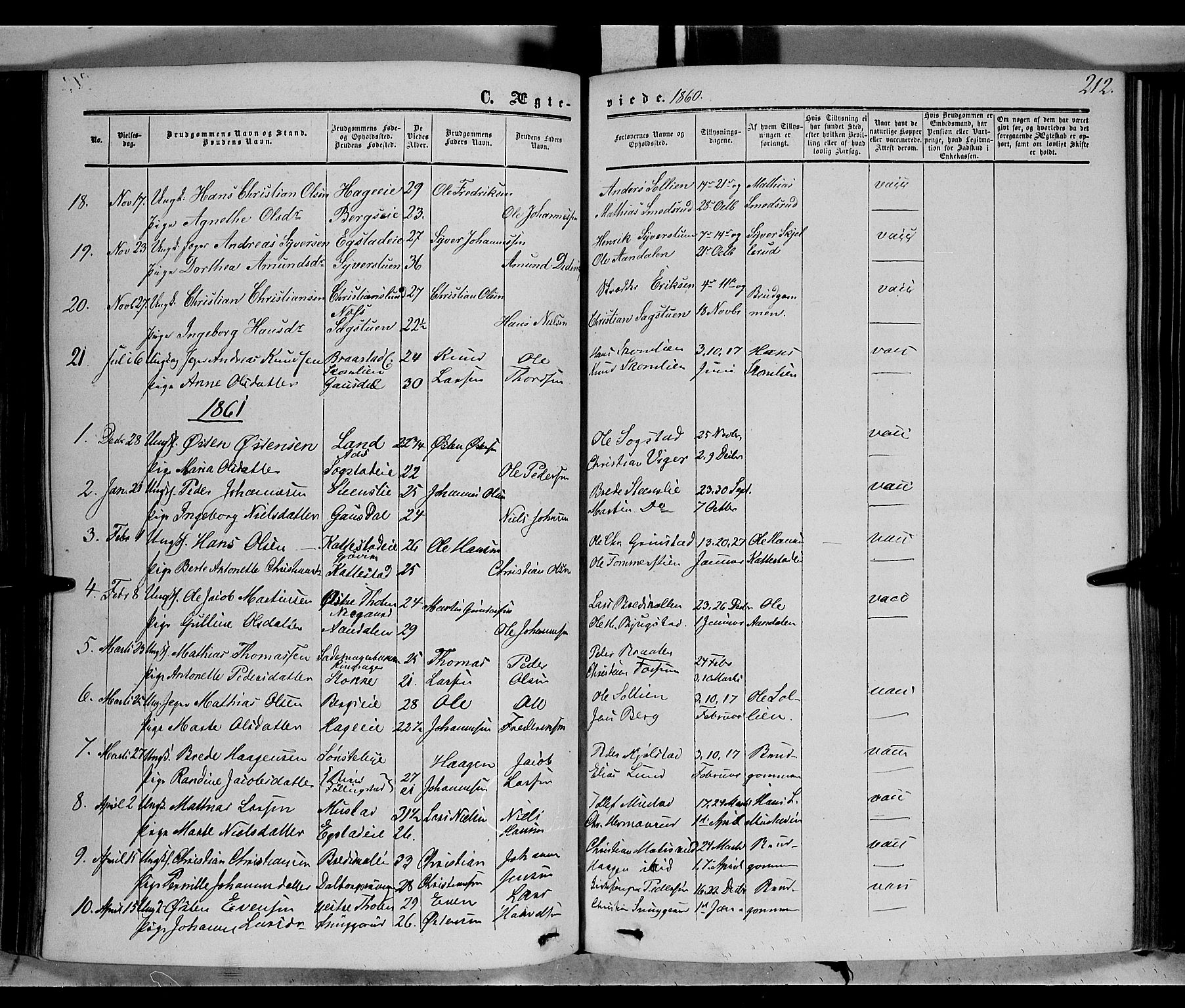 Vardal prestekontor, SAH/PREST-100/H/Ha/Haa/L0006: Parish register (official) no. 6, 1854-1866, p. 212