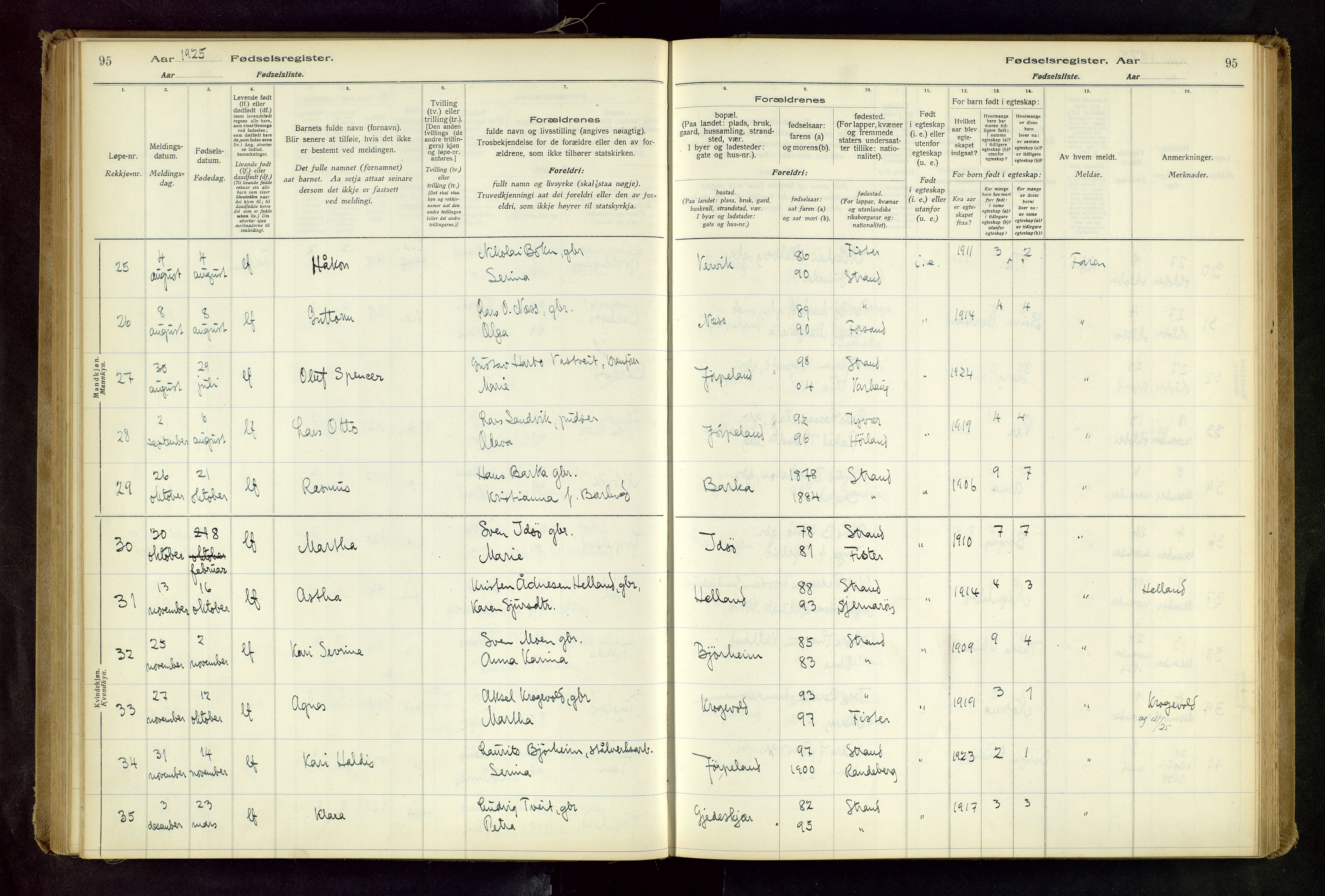 Strand sokneprestkontor, AV/SAST-A-101828/I/Id/L0001: Birth register no. 1, 1916-1938, p. 95