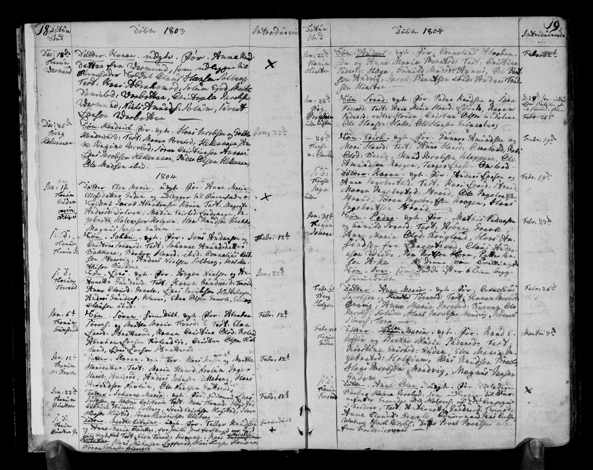 Brunlanes kirkebøker, AV/SAKO-A-342/F/Fa/L0002: Parish register (official) no. I 2, 1802-1834, p. 18-19