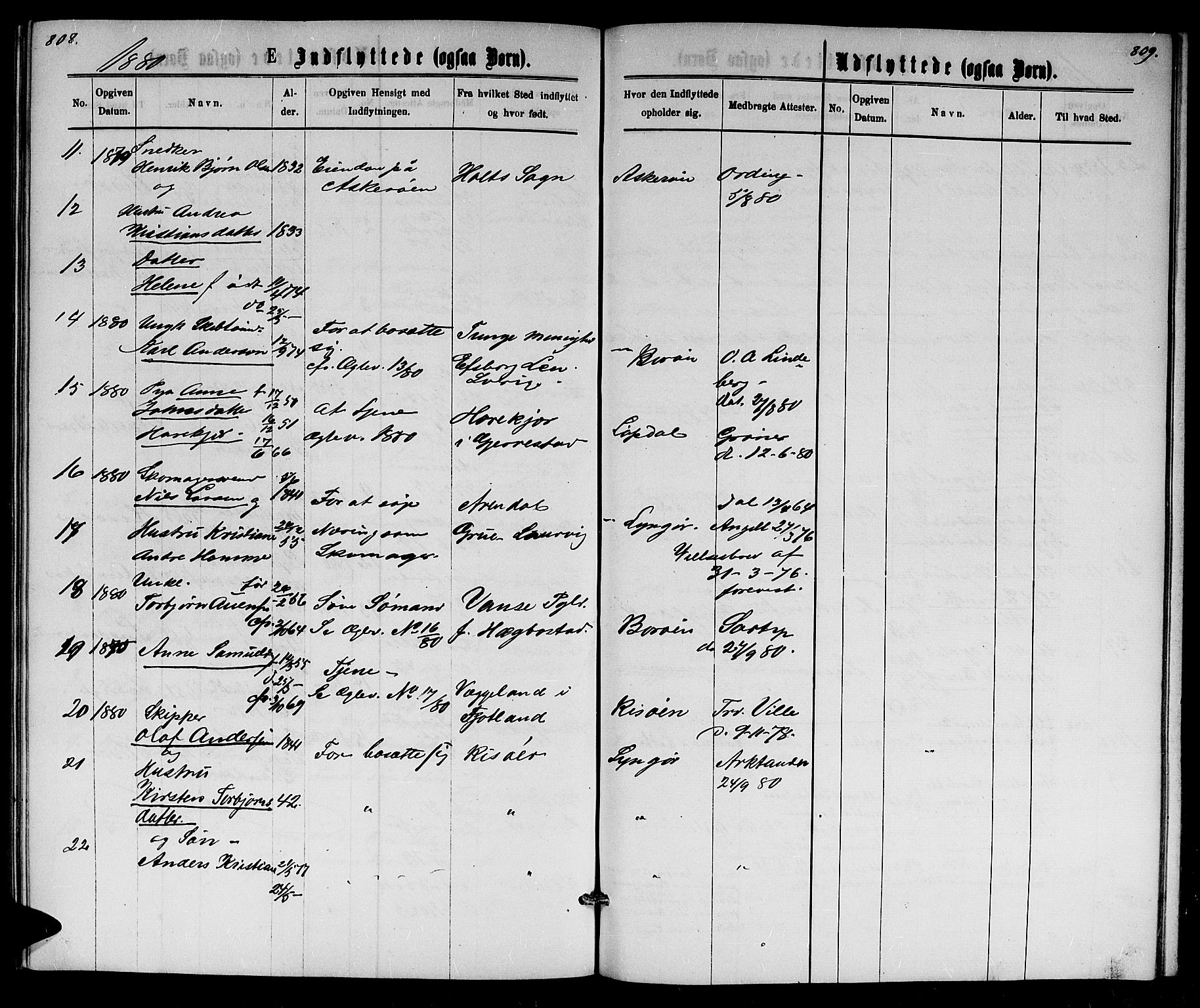 Dypvåg sokneprestkontor, AV/SAK-1111-0007/F/Fb/Fba/L0012: Parish register (copy) no. B 12, 1872-1886, p. 808-809