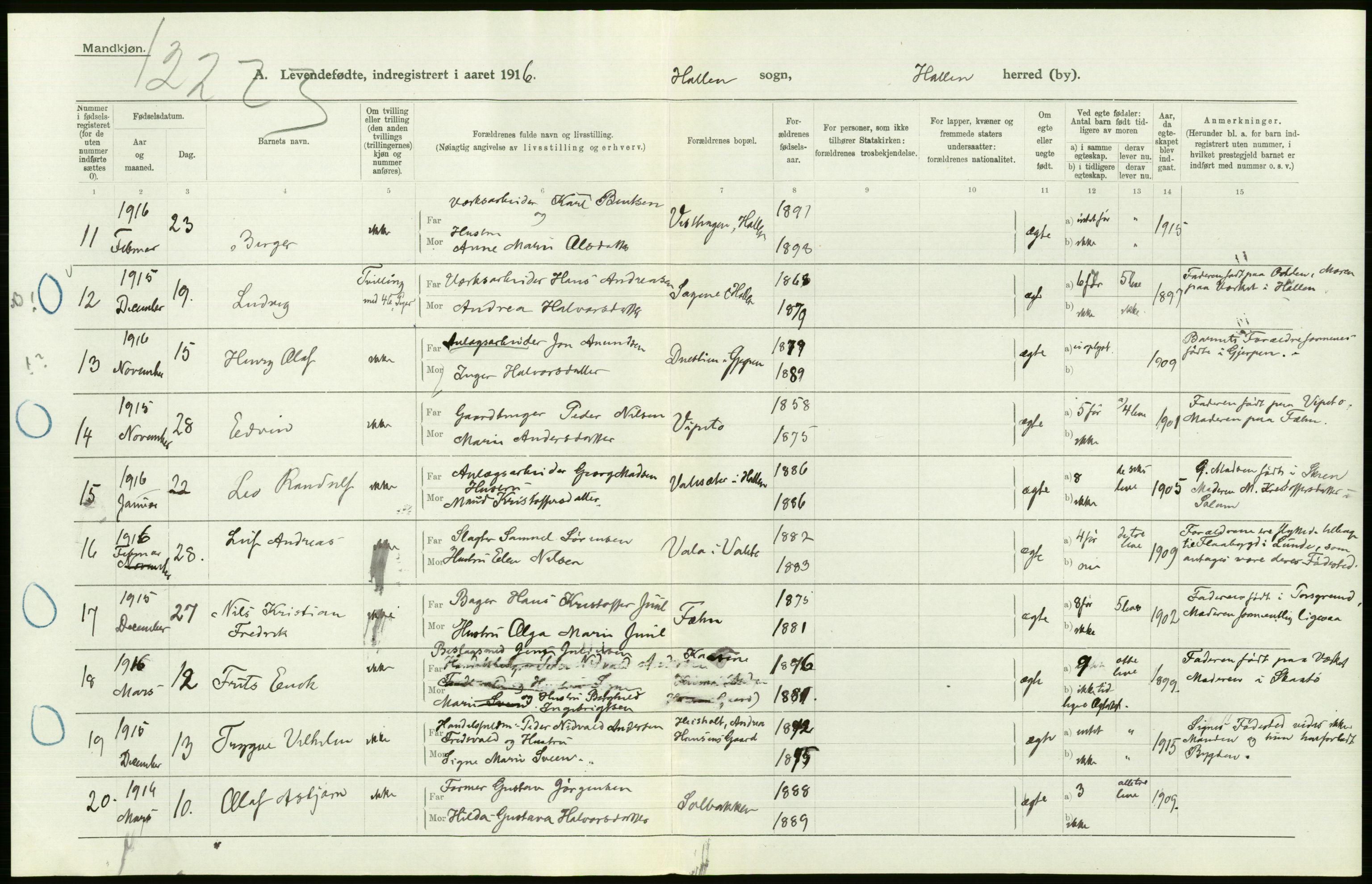 Statistisk sentralbyrå, Sosiodemografiske emner, Befolkning, AV/RA-S-2228/D/Df/Dfb/Dfbf/L0022: Bratsberg amt: Levendefødte menn og kvinner. Bygder., 1916, p. 314