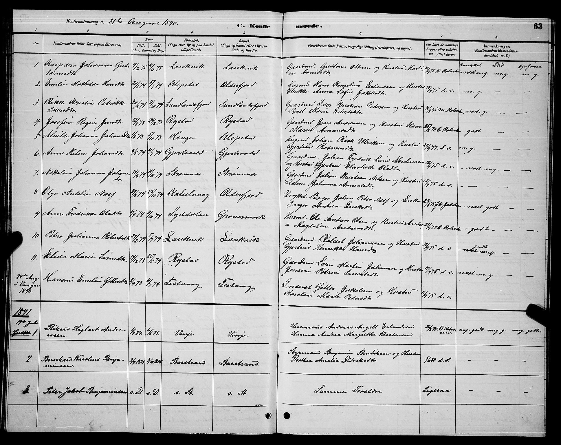 Ministerialprotokoller, klokkerbøker og fødselsregistre - Nordland, SAT/A-1459/876/L1104: Parish register (copy) no. 876C03, 1886-1896, p. 63