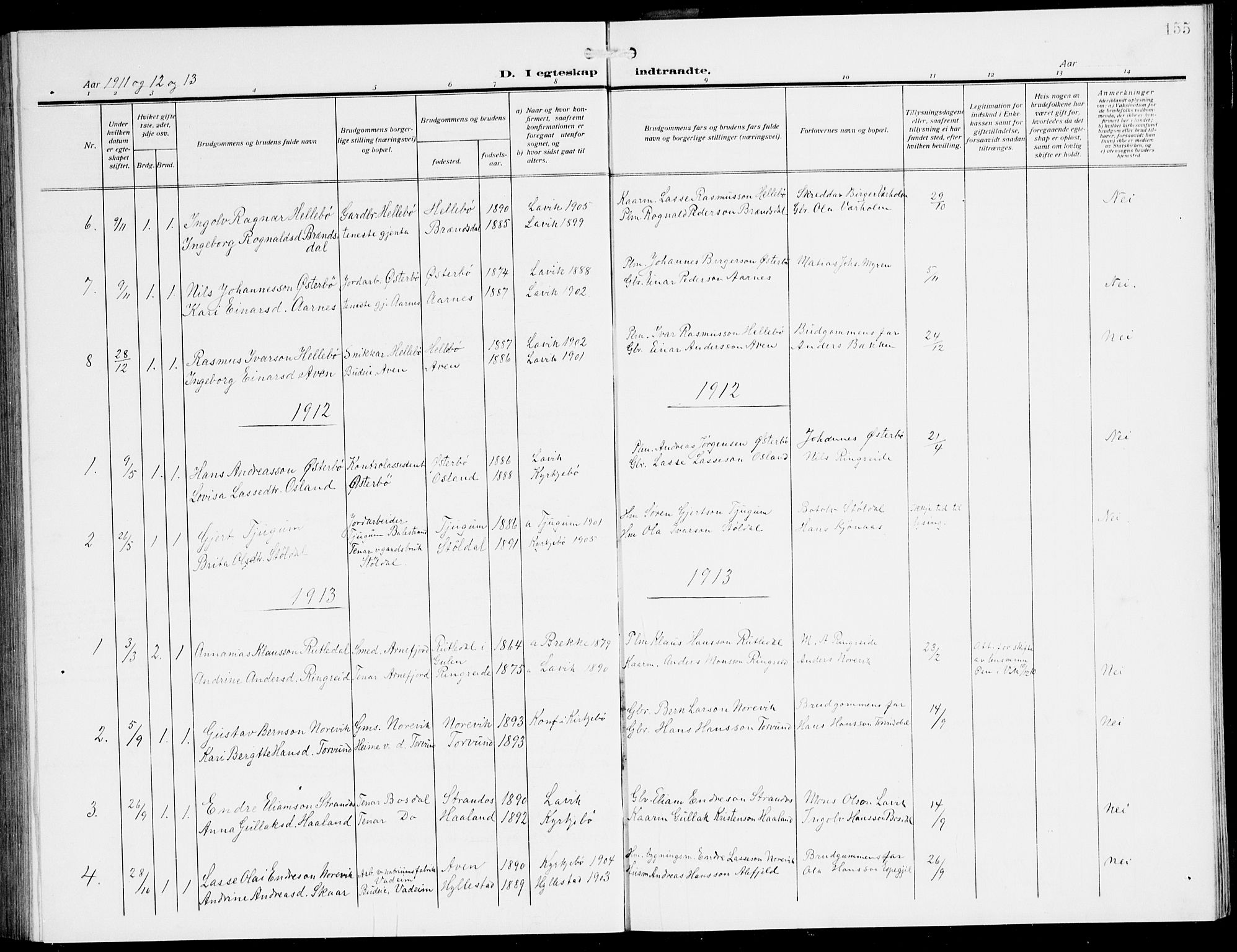 Lavik sokneprestembete, SAB/A-80901: Parish register (copy) no. A 3, 1911-1942, p. 155