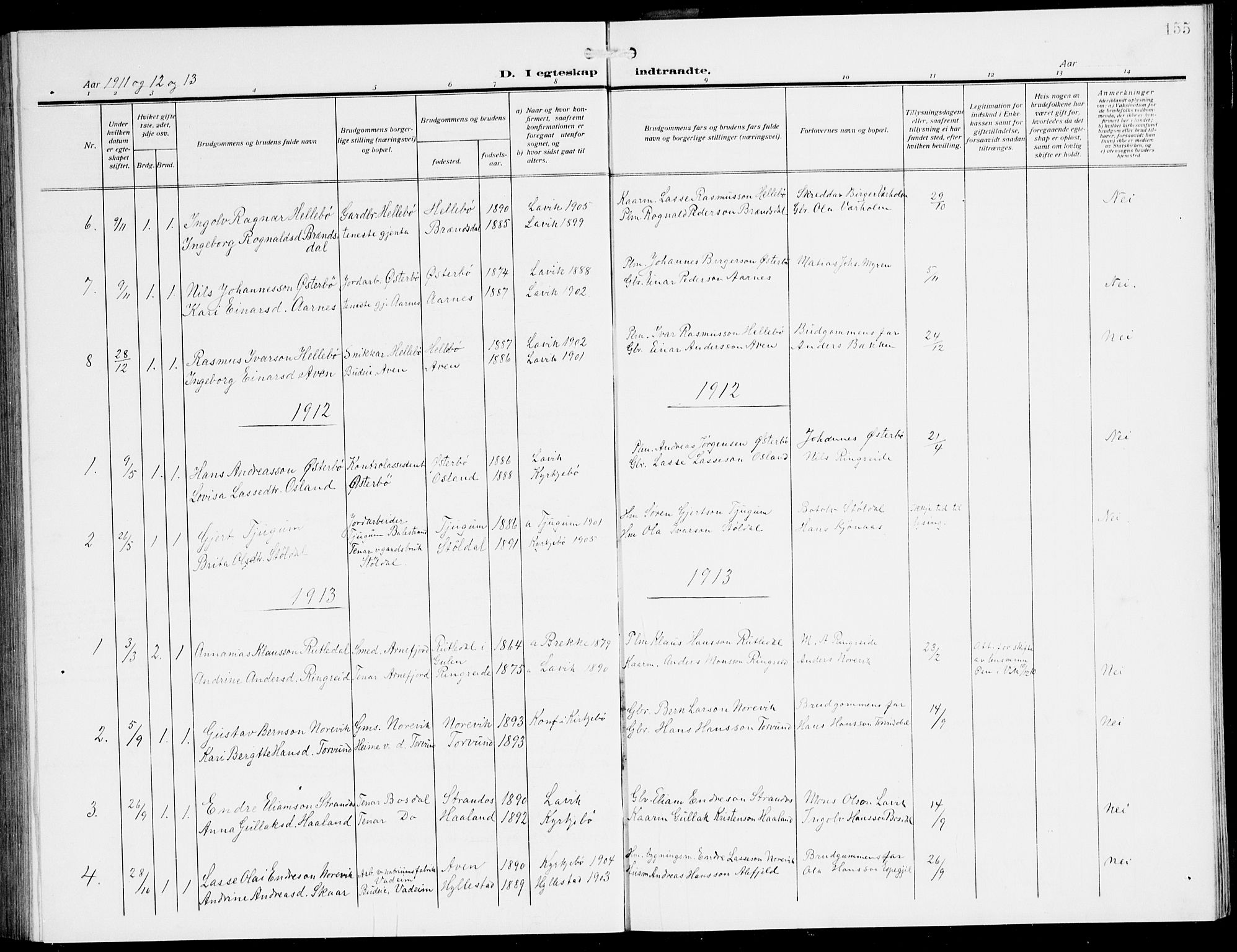 Lavik sokneprestembete, AV/SAB-A-80901: Parish register (copy) no. A 3, 1911-1942, p. 155