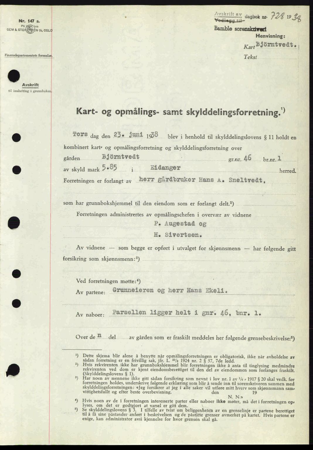 Bamble sorenskriveri, AV/SAKO-A-214/G/Ga/Gag/L0002: Mortgage book no. A-2, 1937-1938, Diary no: : 728/1938