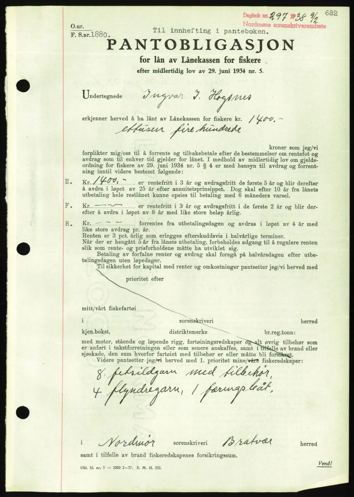 Nordmøre sorenskriveri, AV/SAT-A-4132/1/2/2Ca/L0092: Mortgage book no. B82, 1937-1938, Diary no: : 297/1938