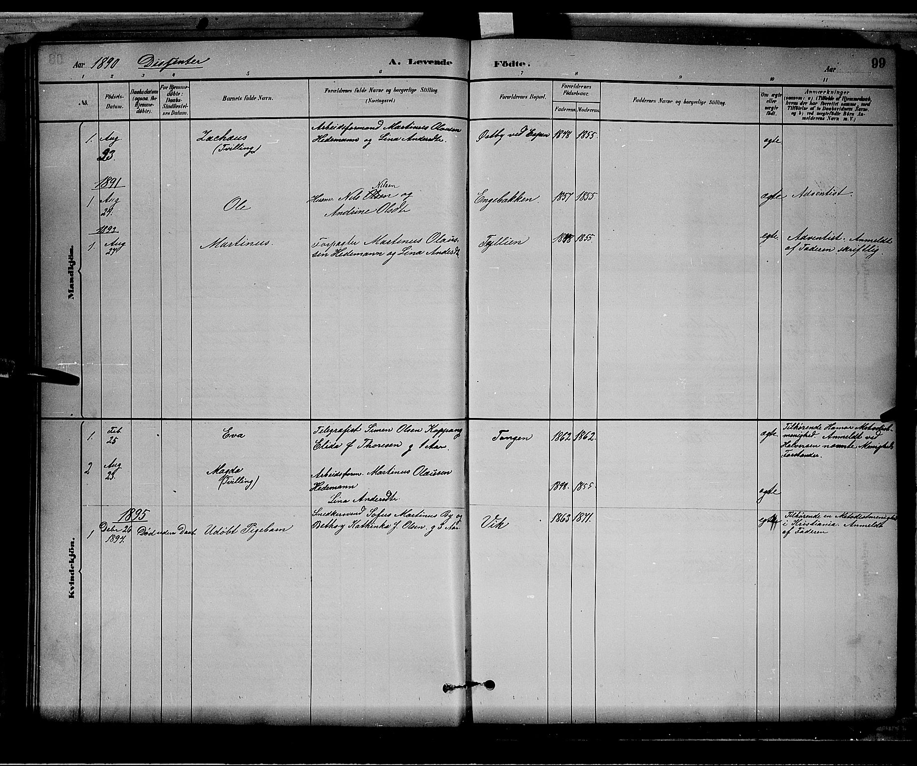 Stange prestekontor, SAH/PREST-002/L/L0008: Parish register (copy) no. 8, 1882-1895, p. 99