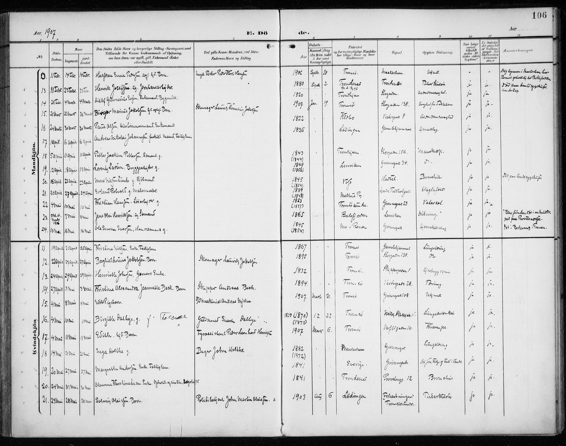 Tromsø sokneprestkontor/stiftsprosti/domprosti, AV/SATØ-S-1343/G/Ga/L0018kirke: Parish register (official) no. 18, 1907-1917, p. 106