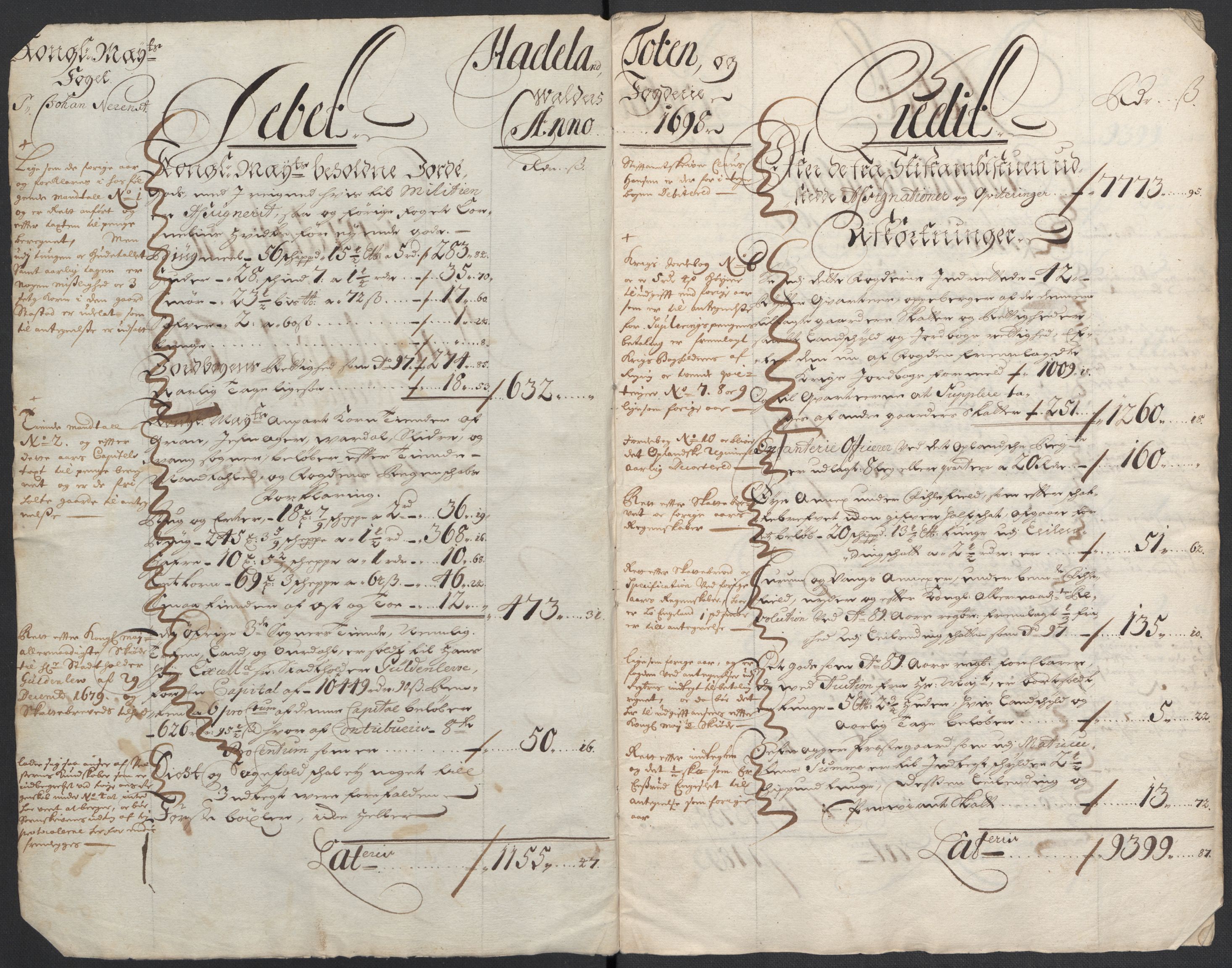 Rentekammeret inntil 1814, Reviderte regnskaper, Fogderegnskap, AV/RA-EA-4092/R18/L1296: Fogderegnskap Hadeland, Toten og Valdres, 1698, p. 4