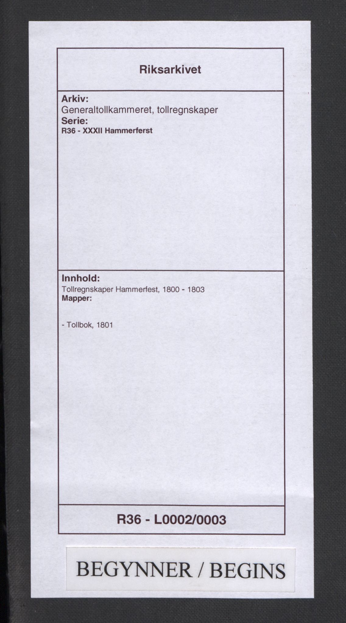 Generaltollkammeret, tollregnskaper, AV/RA-EA-5490/R36/L0002/0003: Tollregnskaper Hammerfest / Tollbok, 1801