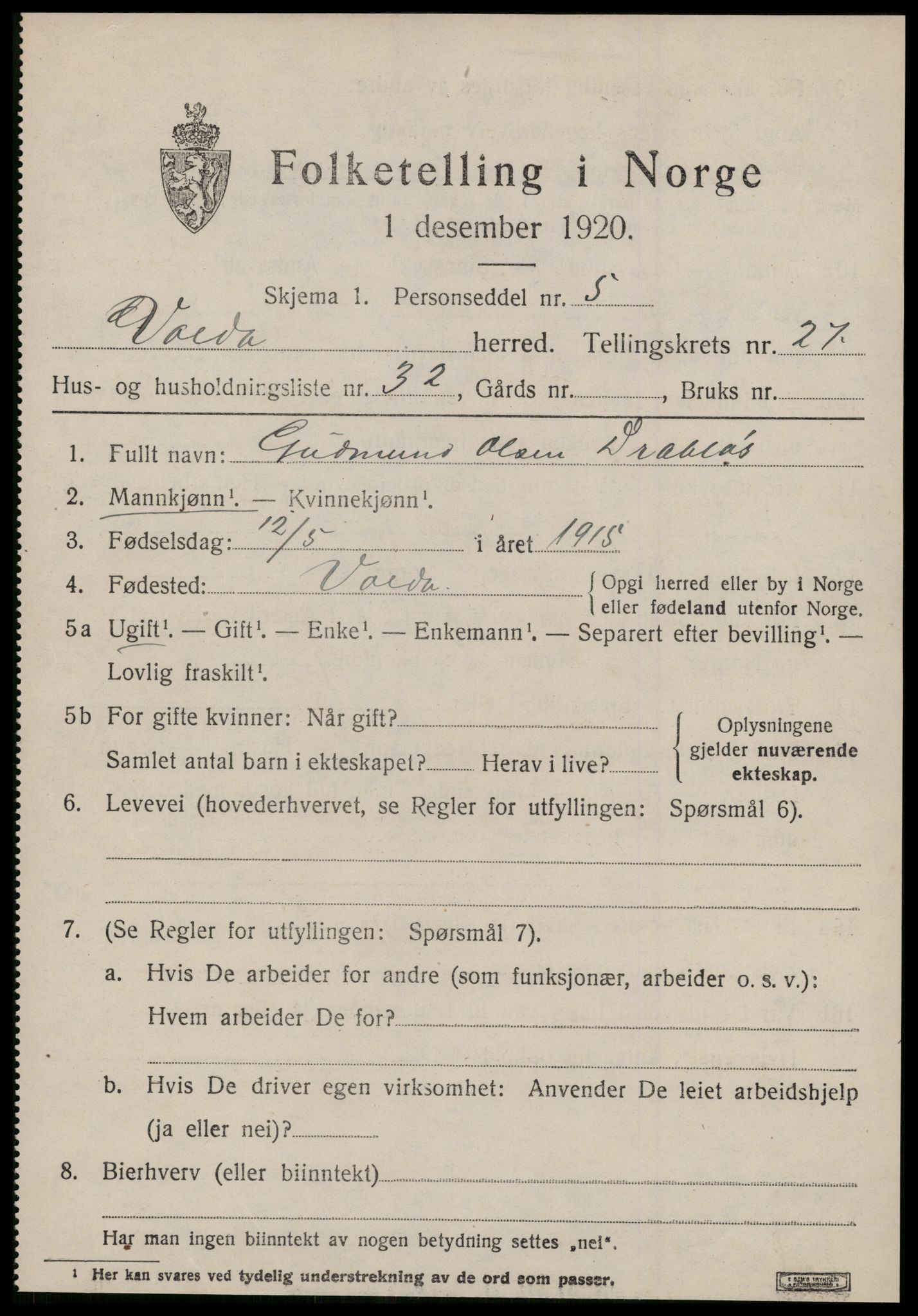 SAT, 1920 census for Volda, 1920, p. 12928