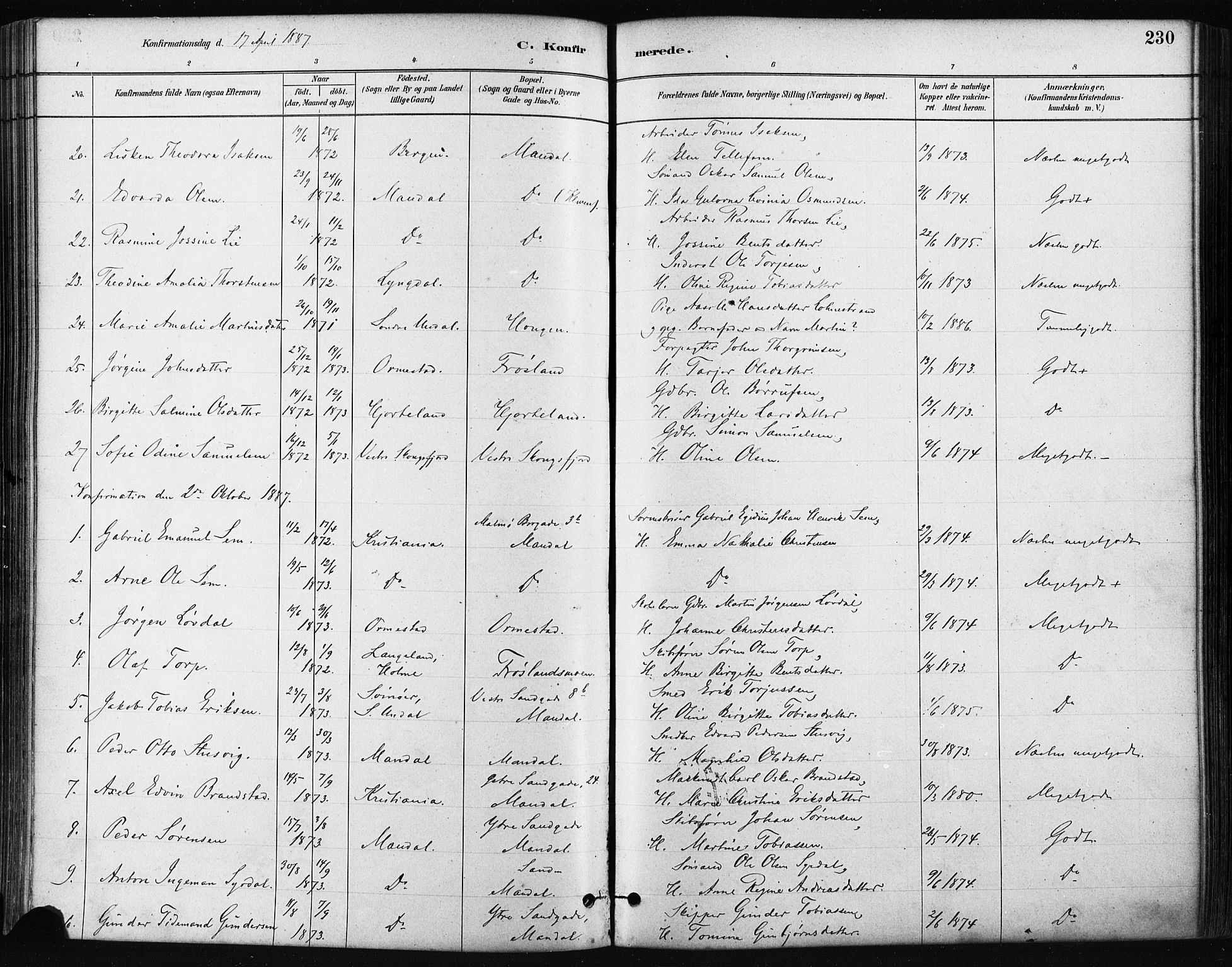 Mandal sokneprestkontor, AV/SAK-1111-0030/F/Fa/Faa/L0016: Parish register (official) no. A 16, 1880-1890, p. 230