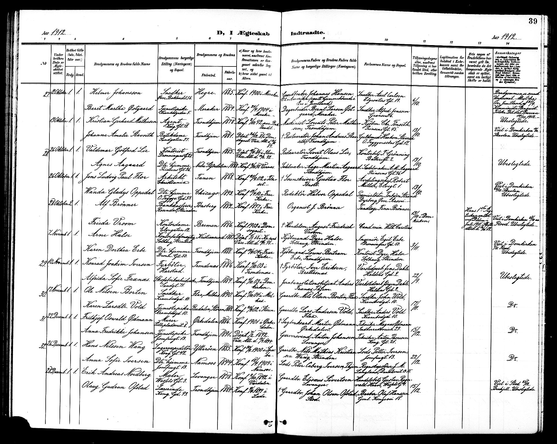 Ministerialprotokoller, klokkerbøker og fødselsregistre - Sør-Trøndelag, SAT/A-1456/602/L0145: Parish register (copy) no. 602C13, 1902-1919, p. 39