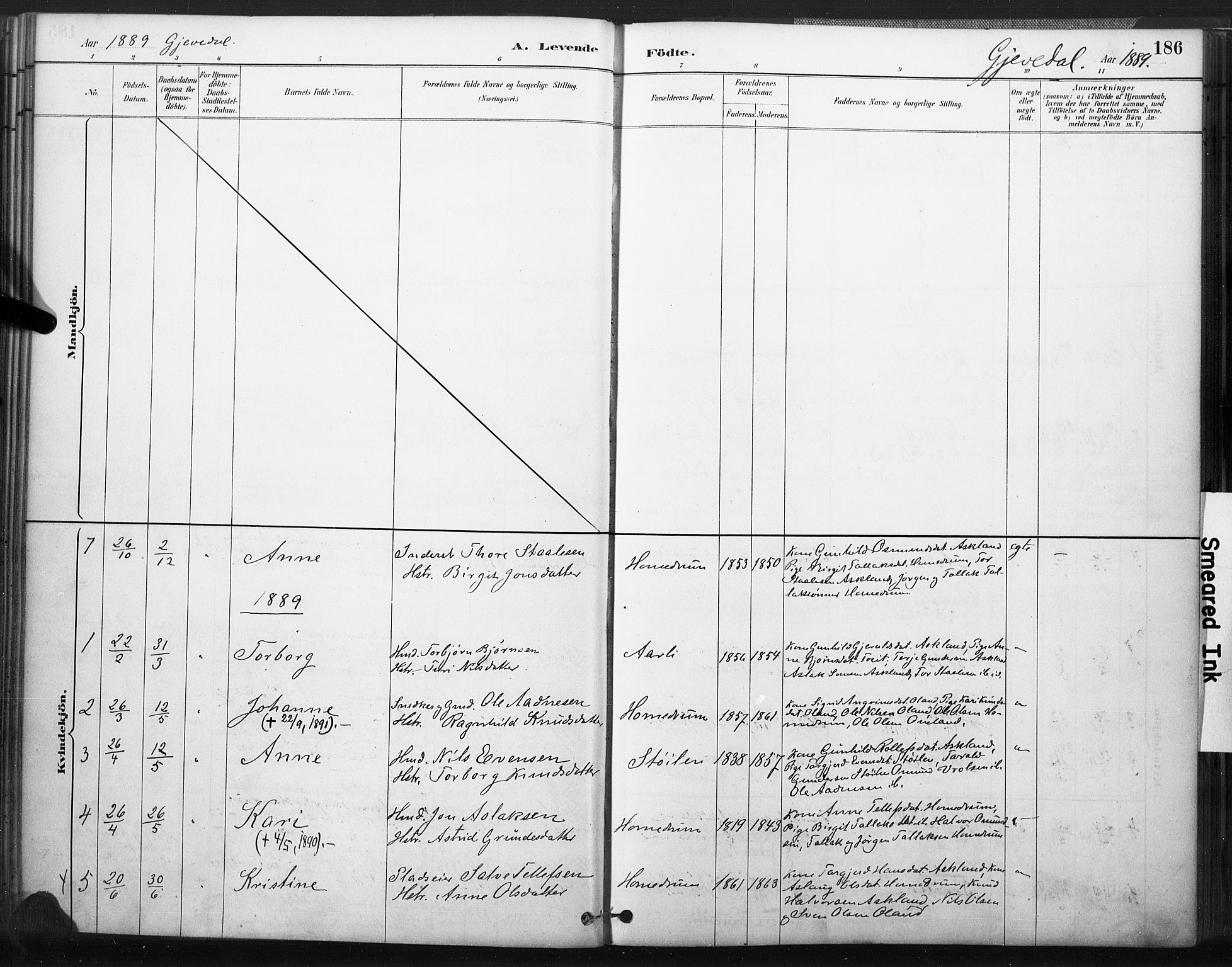 Åmli sokneprestkontor, SAK/1111-0050/F/Fa/Fac/L0010: Parish register (official) no. A 10 /2, 1885-1899, p. 186