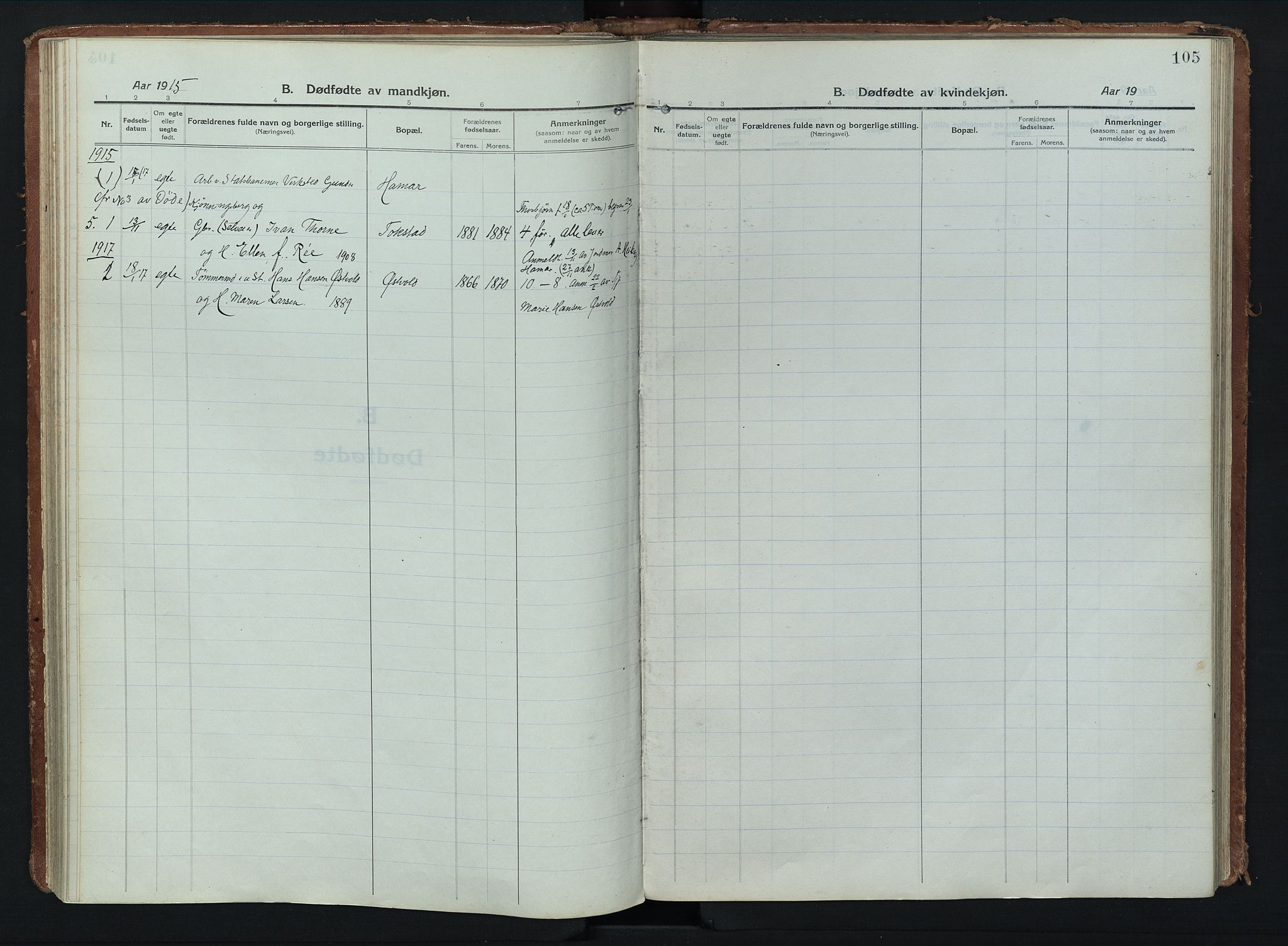 Stange prestekontor, AV/SAH-PREST-002/K/L0028: Parish register (official) no. 28, 1913-1932, p. 105