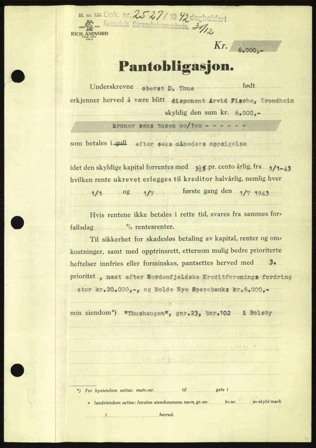 Romsdal sorenskriveri, AV/SAT-A-4149/1/2/2C: Mortgage book no. B2, 1939-1945, Diary no: : 2527/1942