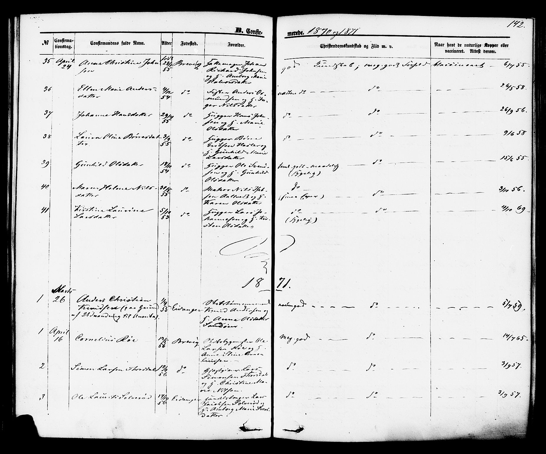 Brevik kirkebøker, SAKO/A-255/F/Fa/L0006: Parish register (official) no. 6, 1866-1881, p. 142