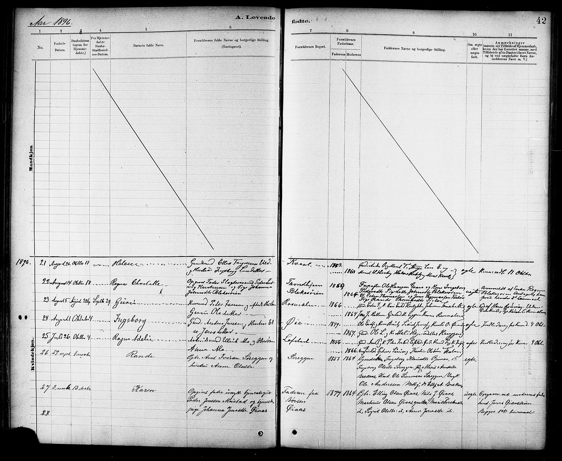 Ministerialprotokoller, klokkerbøker og fødselsregistre - Sør-Trøndelag, AV/SAT-A-1456/691/L1094: Parish register (copy) no. 691C05, 1879-1911, p. 42