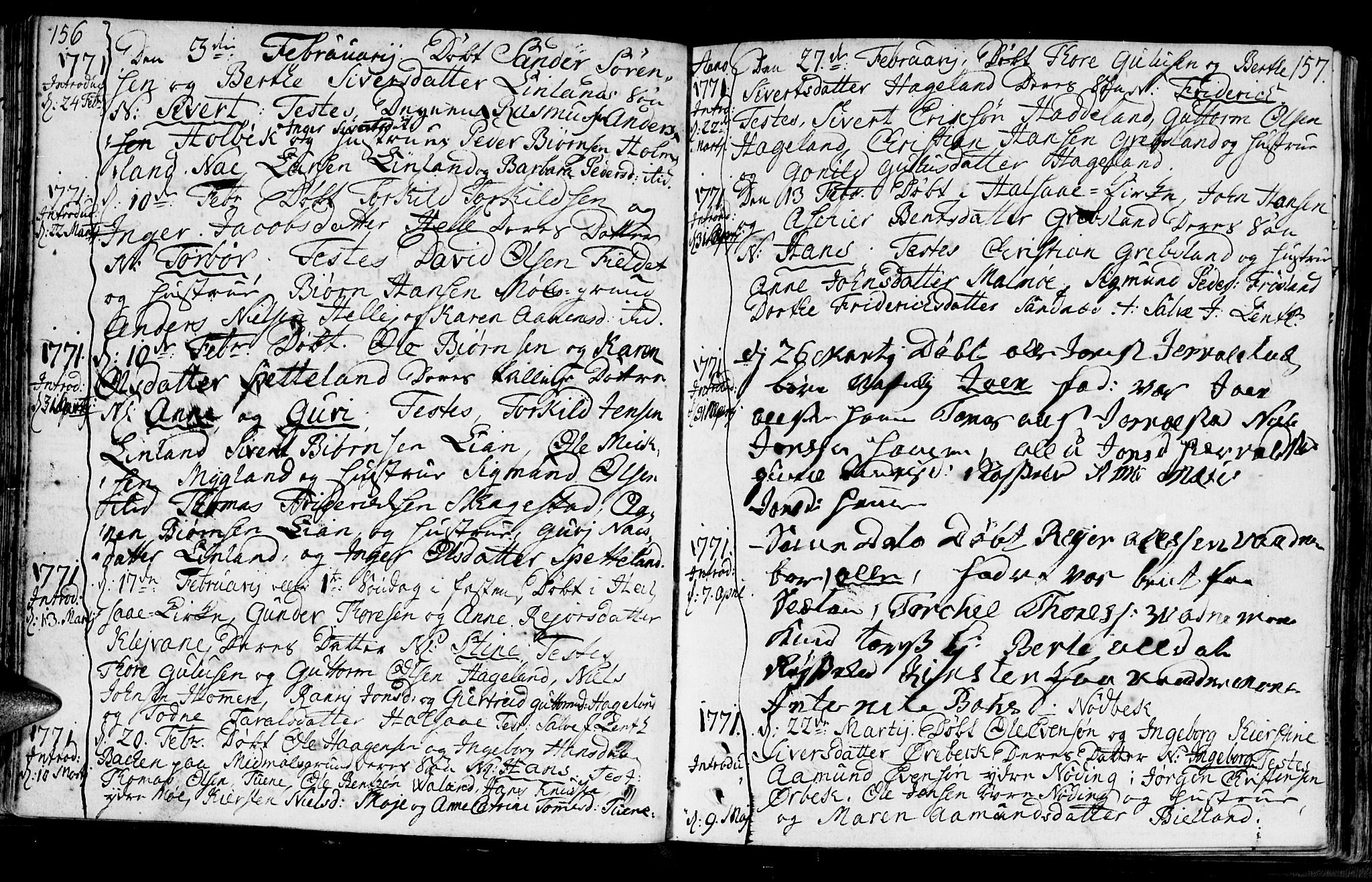 Holum sokneprestkontor, SAK/1111-0022/F/Fa/Faa/L0002: Parish register (official) no. A 2, 1756-1780, p. 156-157