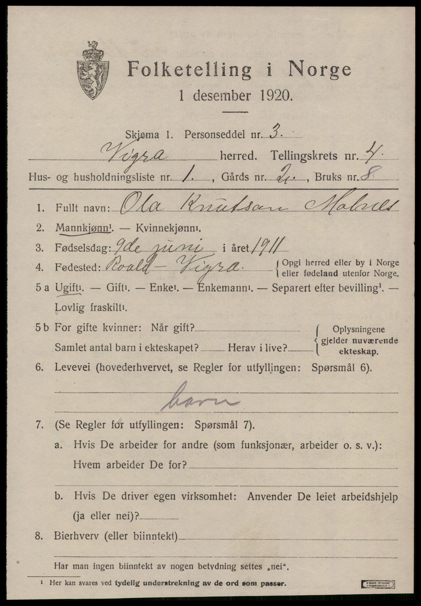 SAT, 1920 census for Vigra, 1920, p. 1742