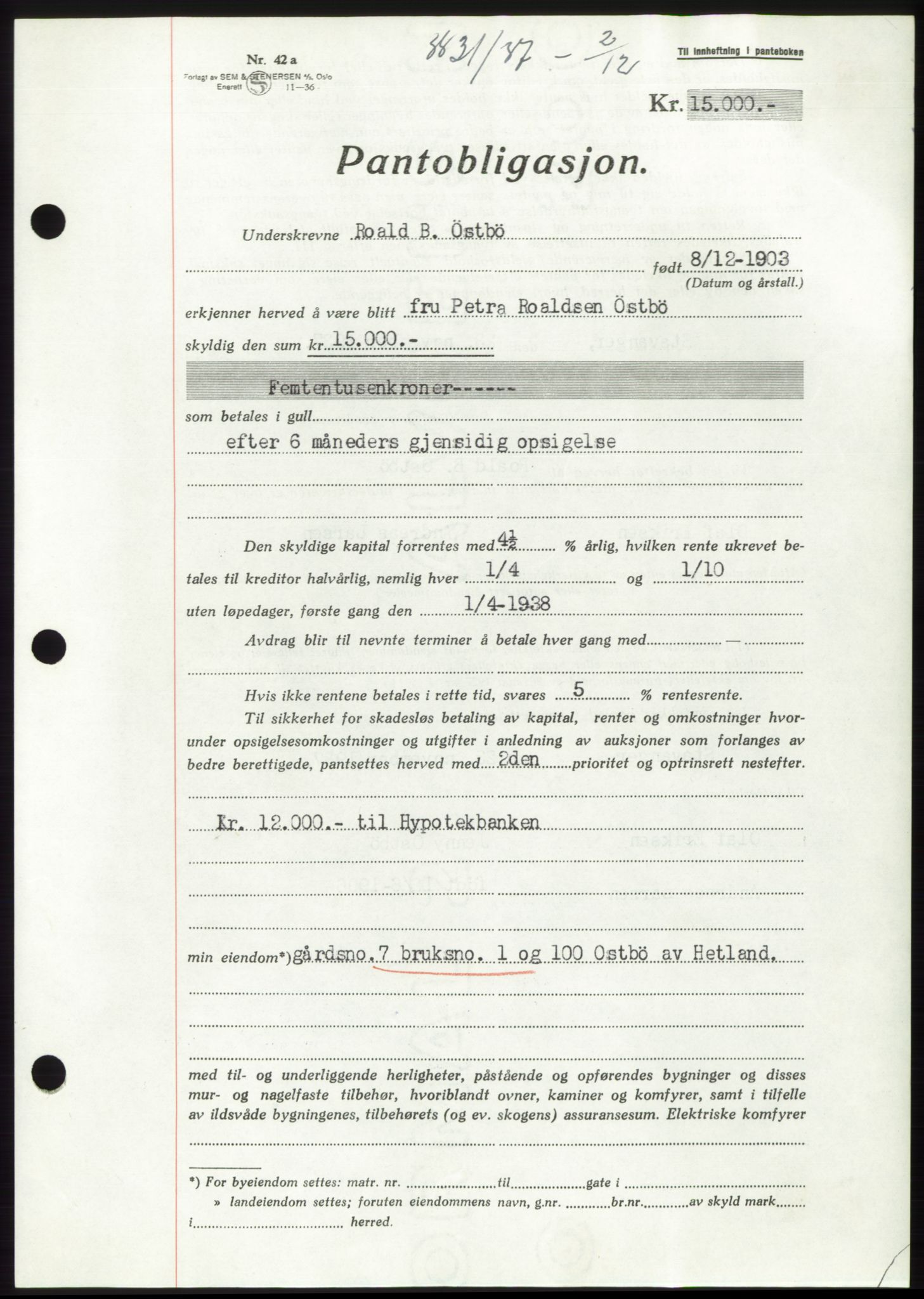 Jæren sorenskriveri, SAST/A-100310/03/G/Gba/L0069: Mortgage book, 1937-1937, Diary no: : 3831/1937