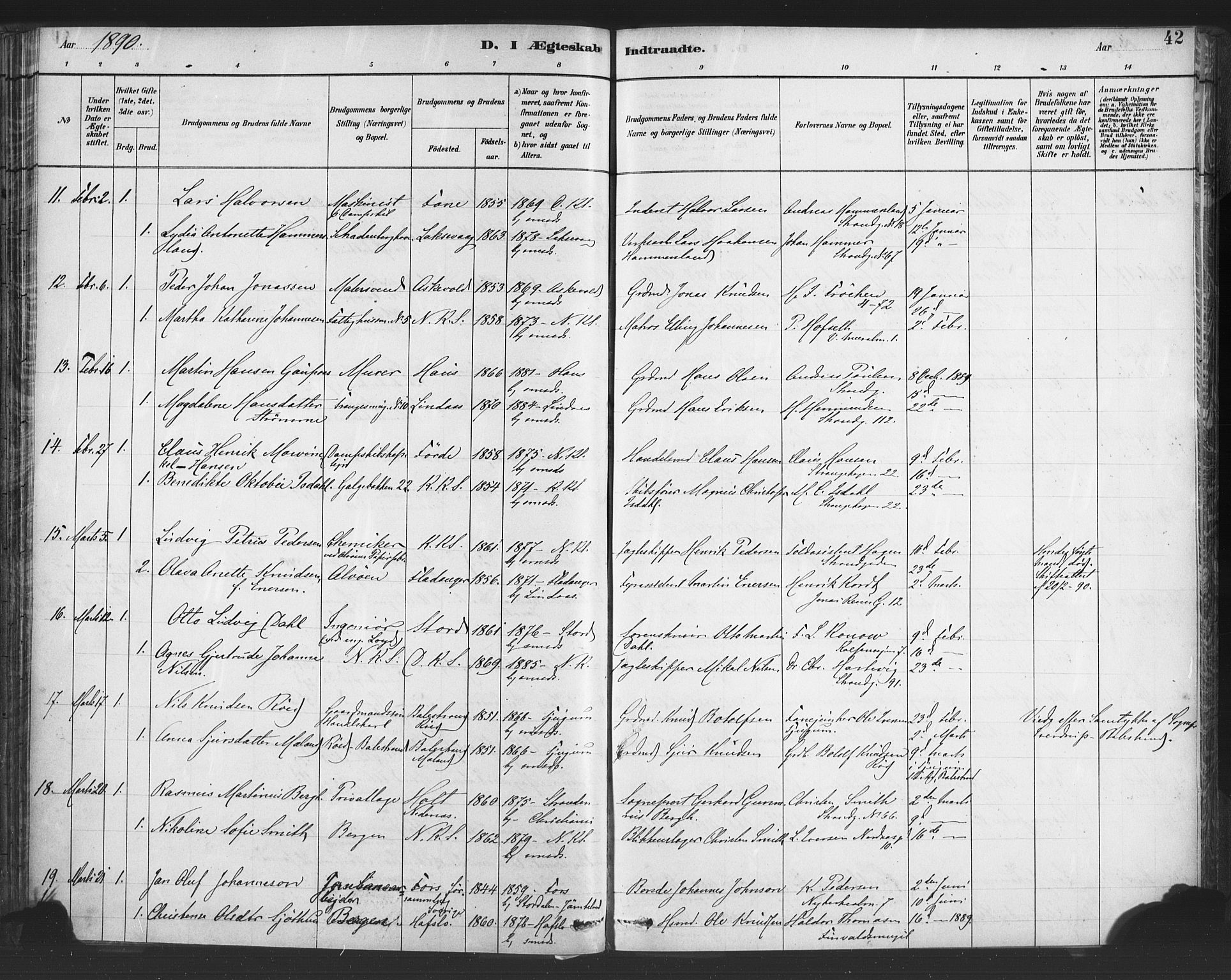 Nykirken Sokneprestembete, SAB/A-77101/H/Haa/L0033: Parish register (official) no. D 3, 1884-1895, p. 42