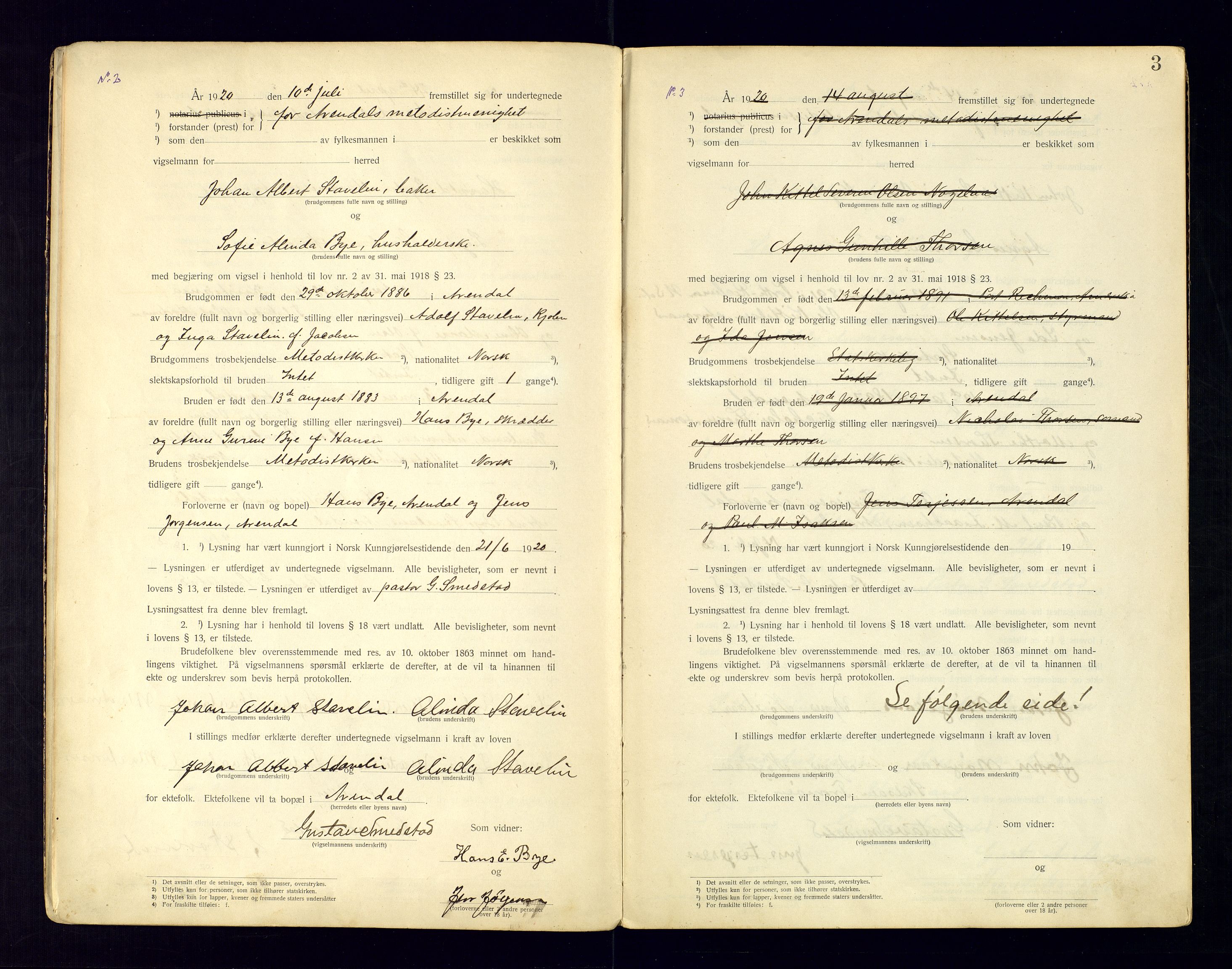 Metodistmenigheten, Arendal, AV/SAK-1292-0011/F/Fc/L0001/0002: Marriage register (dissenter) no. 1.2, 1920-1970, p. 3