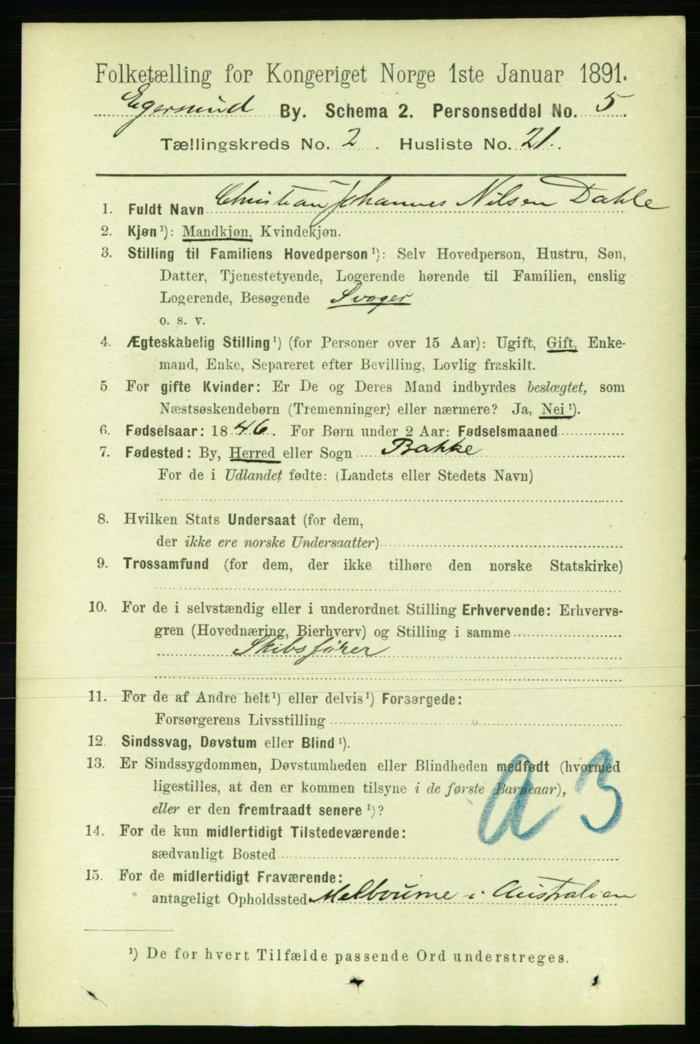 RA, 1891 census for 1101 Egersund, 1891, p. 395