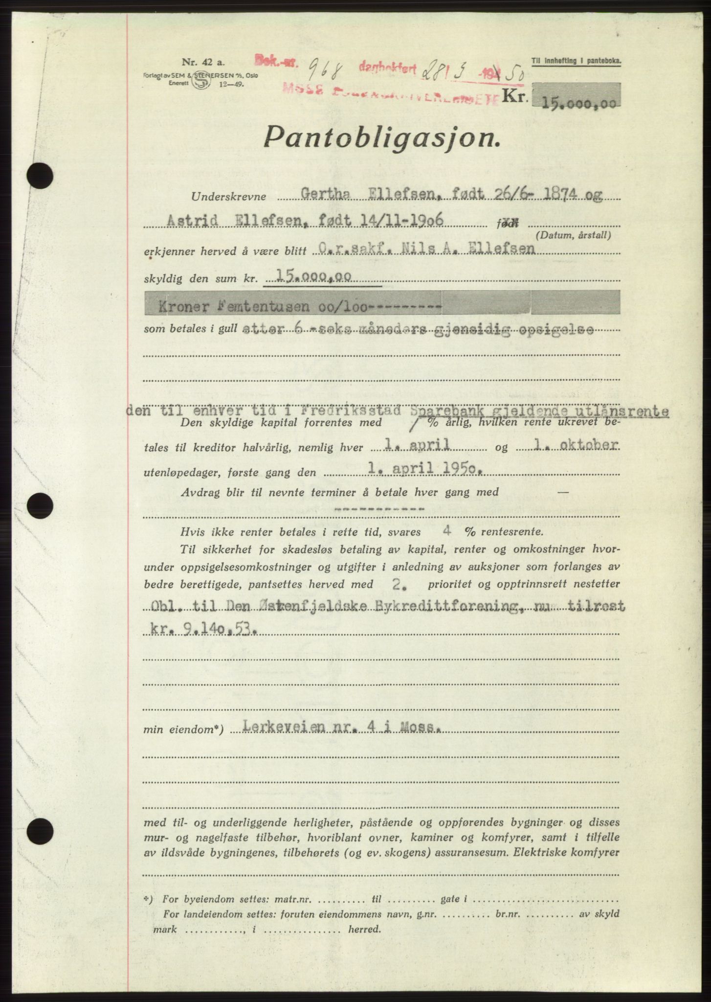 Moss sorenskriveri, AV/SAO-A-10168: Mortgage book no. B24, 1950-1950, Diary no: : 968/1950