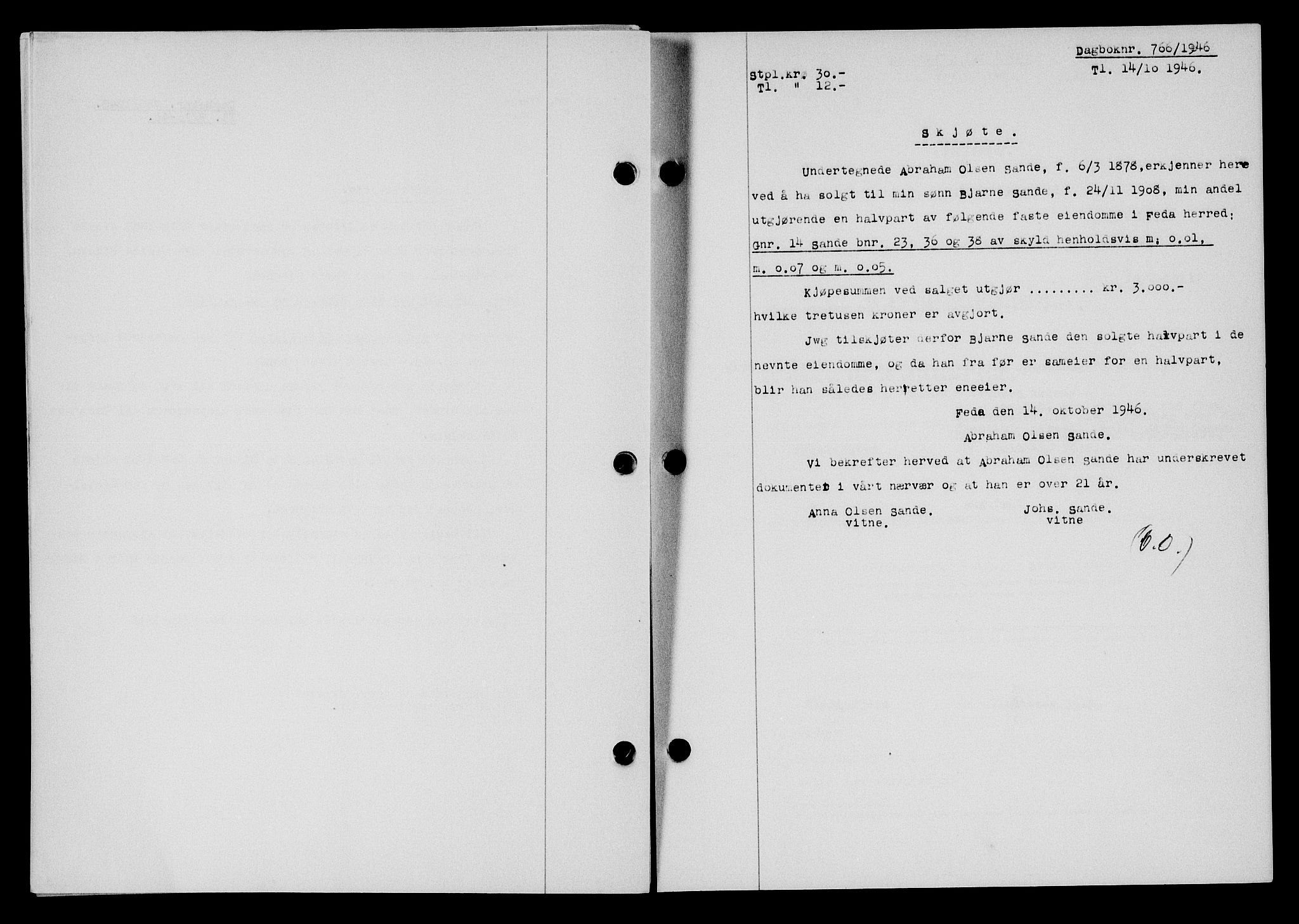 Flekkefjord sorenskriveri, AV/SAK-1221-0001/G/Gb/Gba/L0061: Mortgage book no. A-9, 1946-1947, Diary no: : 766/1946