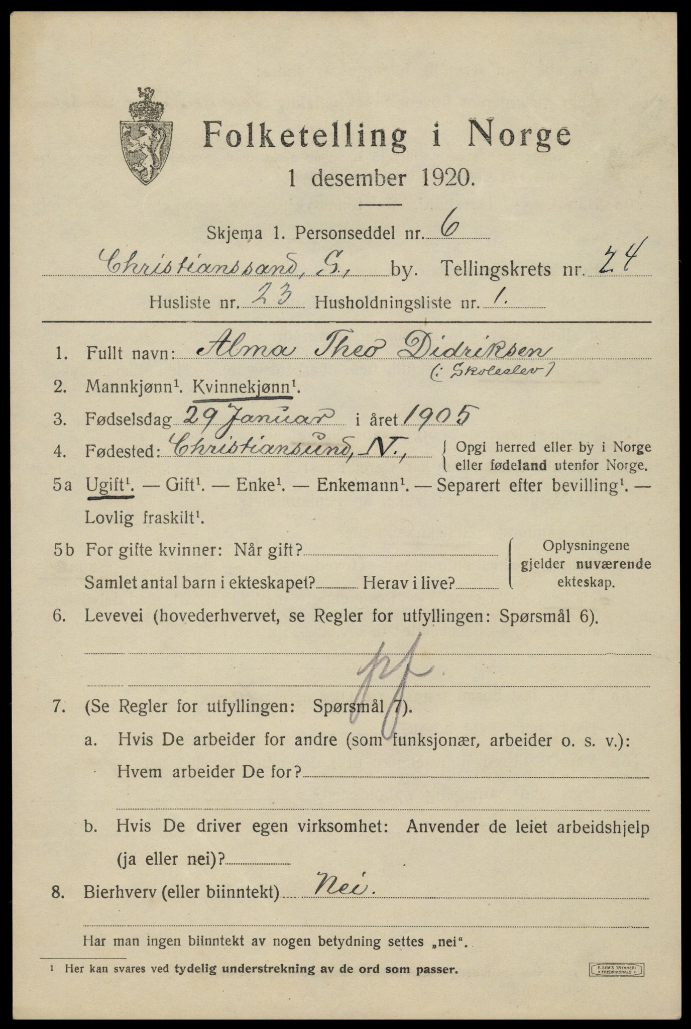 SAK, 1920 census for Kristiansand, 1920, p. 42619