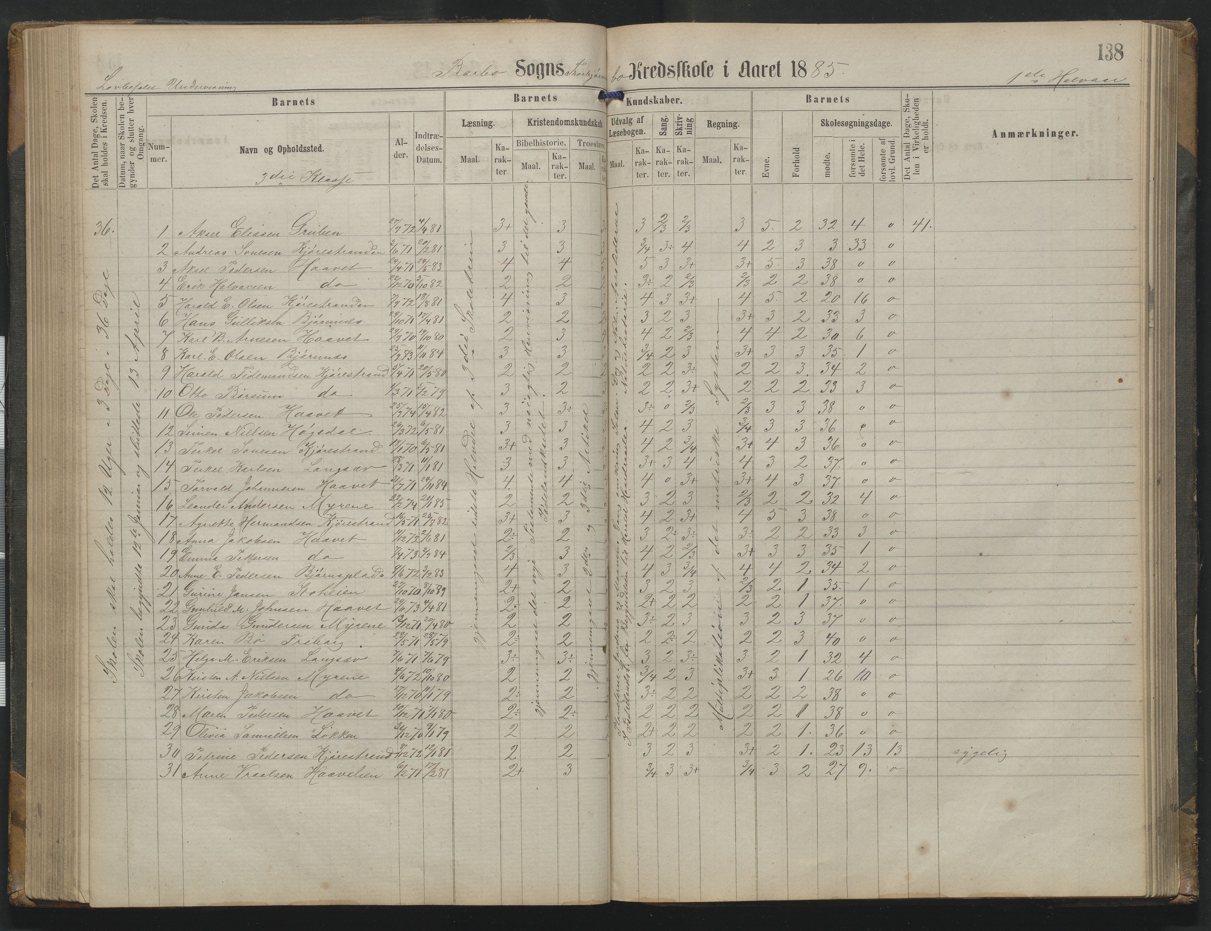 Arendal kommune, Katalog I, AAKS/KA0906-PK-I/07/L0342: Protokoll Torbjørnsbu skole, 1869-1890, p. 138