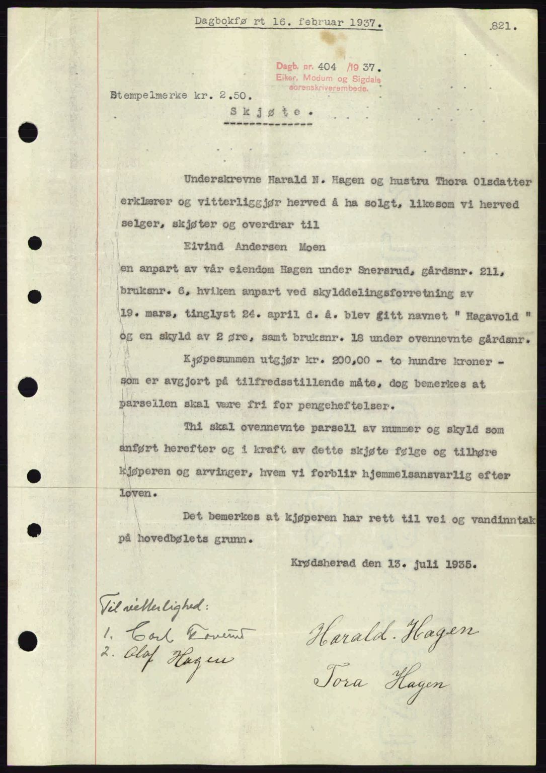 Eiker, Modum og Sigdal sorenskriveri, SAKO/A-123/G/Ga/Gab/L0034: Mortgage book no. A4, 1936-1937, Diary no: : 404/1937