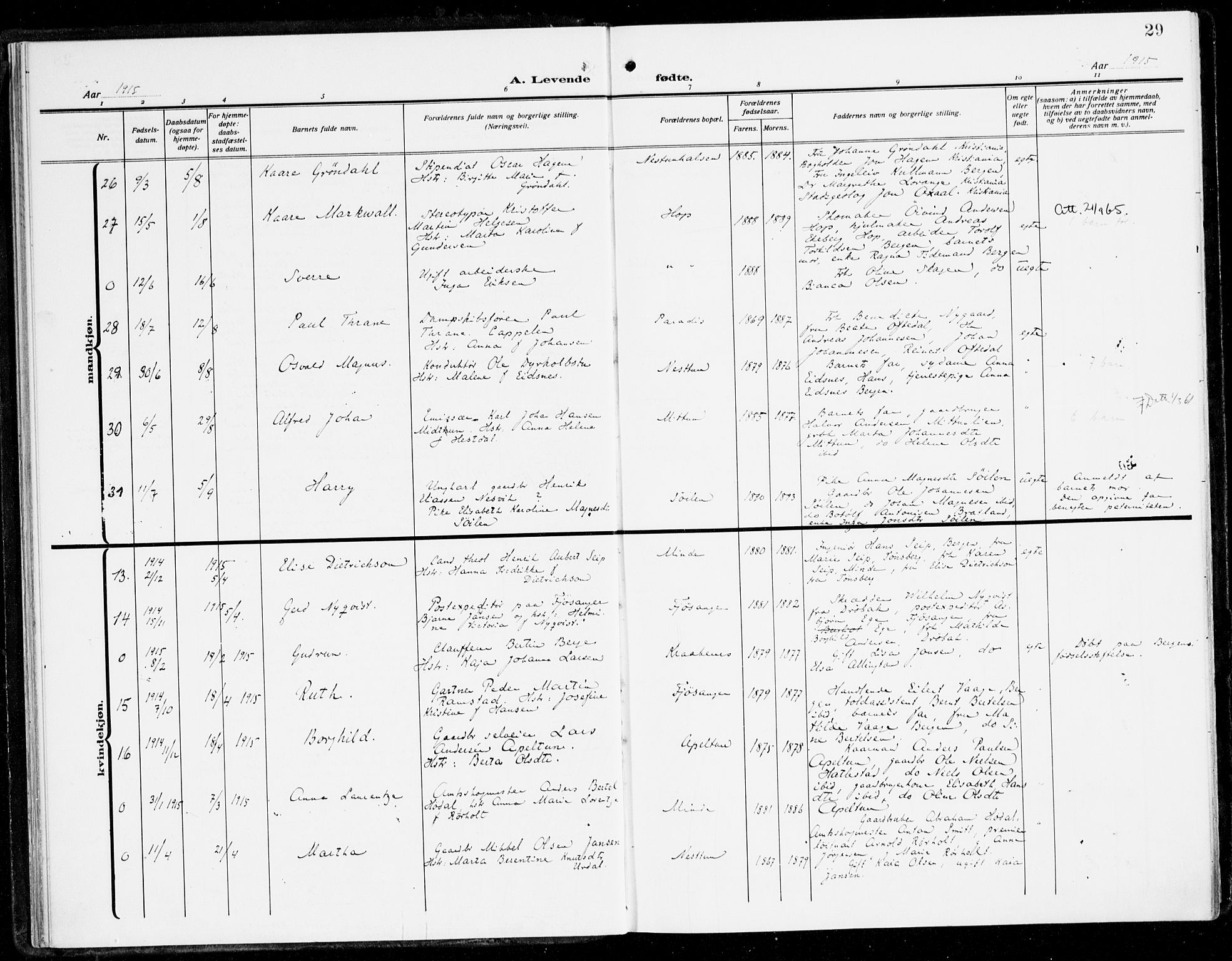 Fana Sokneprestembete, SAB/A-75101/H/Haa/Haai/L0004: Parish register (official) no. I 4, 1912-1933, p. 29