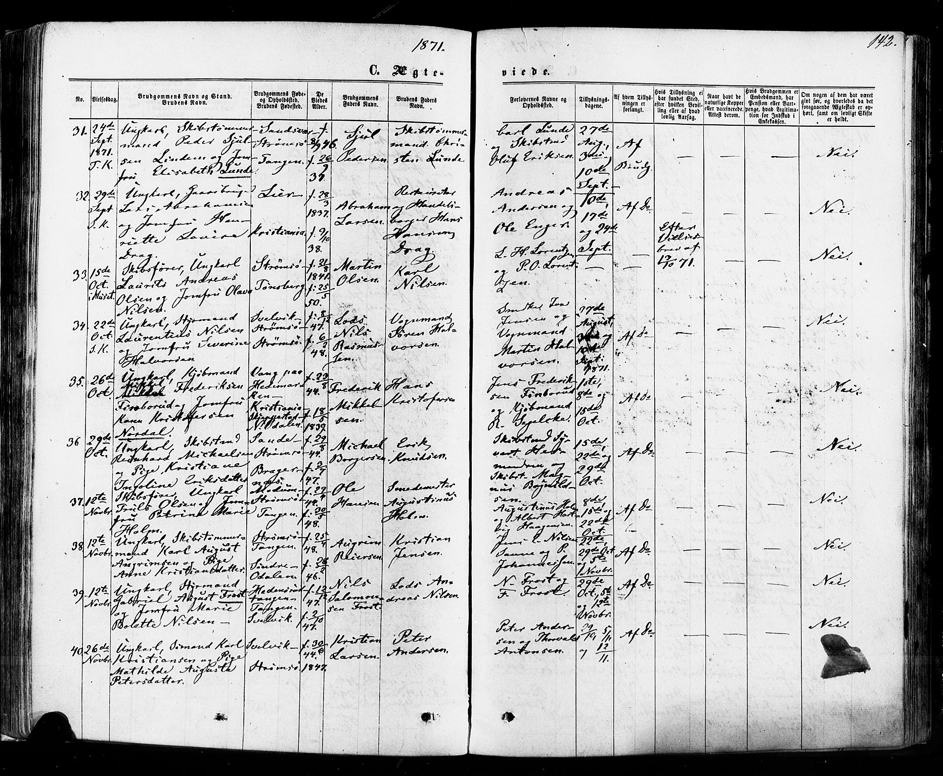 Strømsø kirkebøker, SAKO/A-246/F/Fa/L0018: Parish register (official) no. I 18, 1865-1878, p. 142