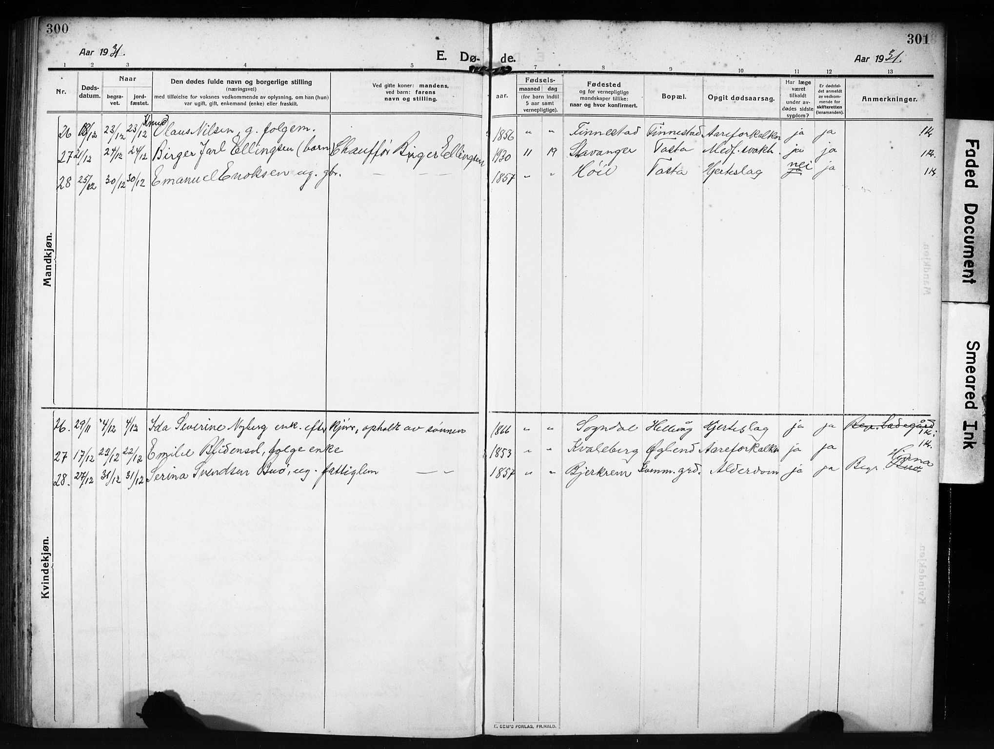 Hetland sokneprestkontor, SAST/A-101826/30/30BB/L0009: Parish register (copy) no. B 9, 1910-1931, p. 300-301