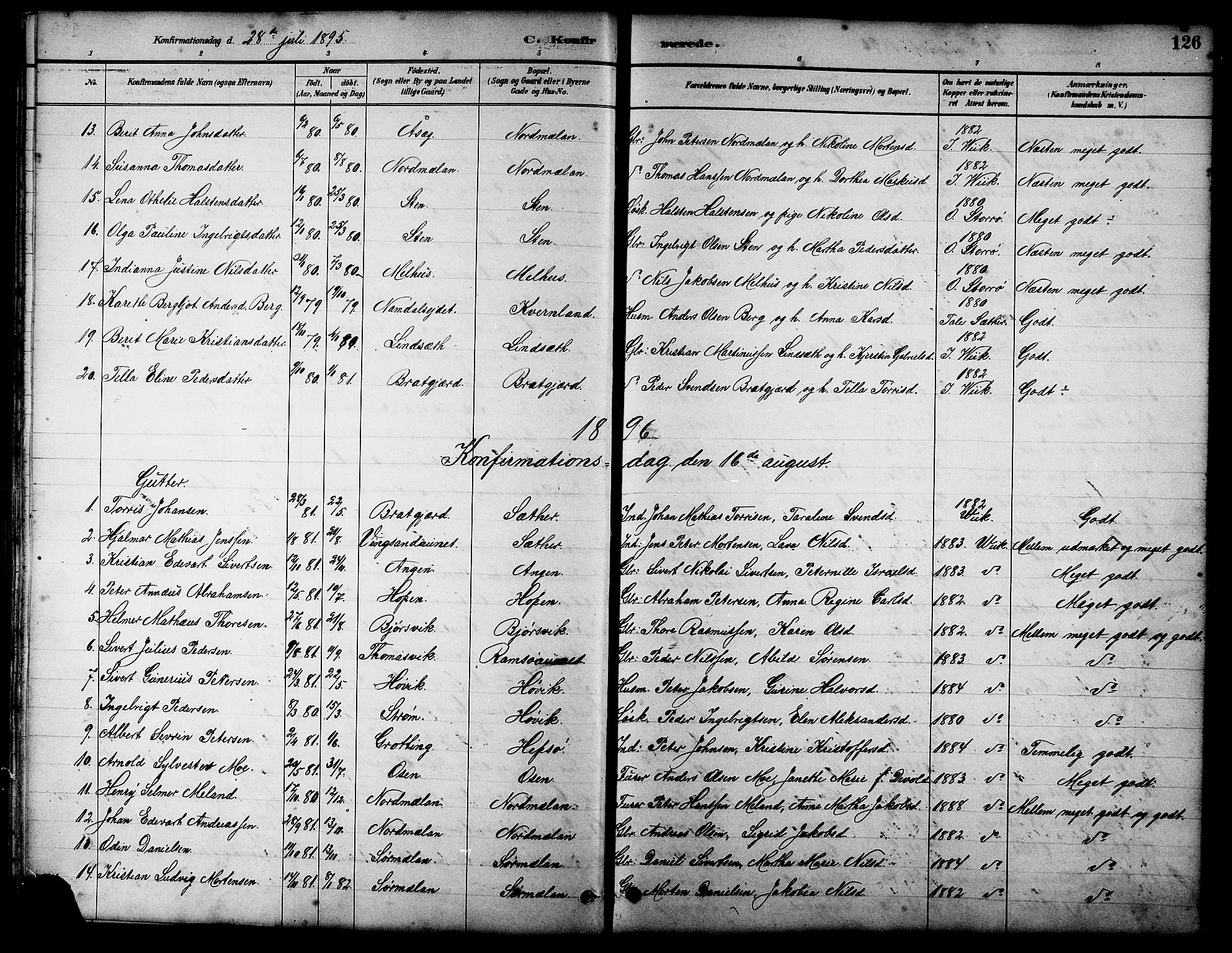 Ministerialprotokoller, klokkerbøker og fødselsregistre - Sør-Trøndelag, SAT/A-1456/658/L0726: Parish register (copy) no. 658C02, 1883-1908, p. 126